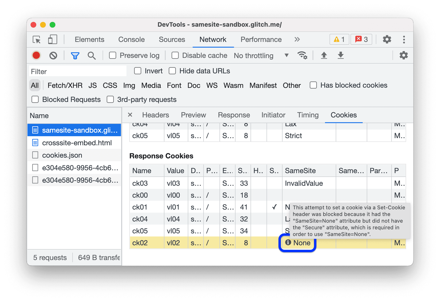 Le panneau "Réseau" affiche une info-bulle lorsque vous pointez sur l'icône d'information.