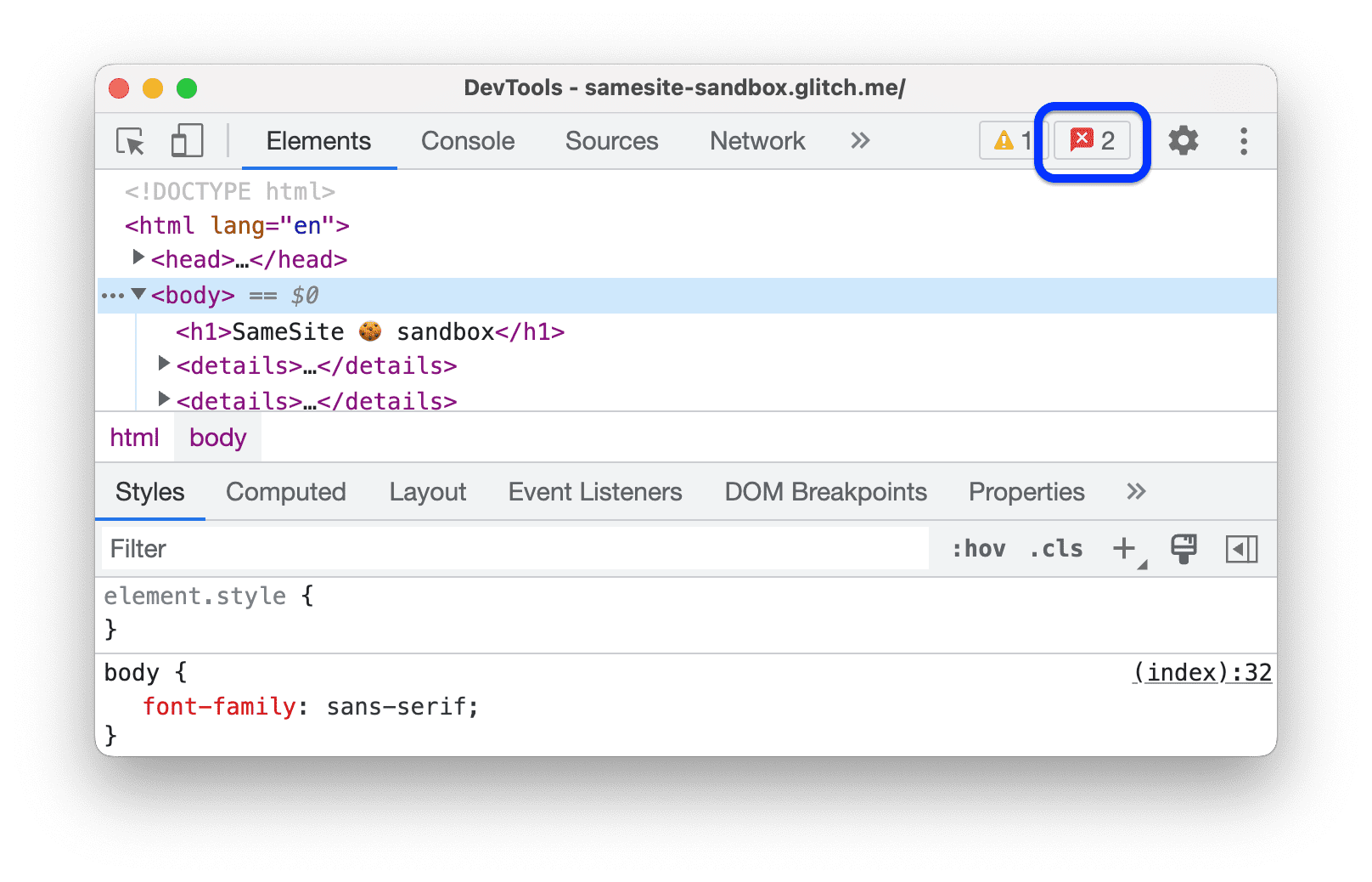 Przycisk Otwarte problemy z czerwoną ikoną.