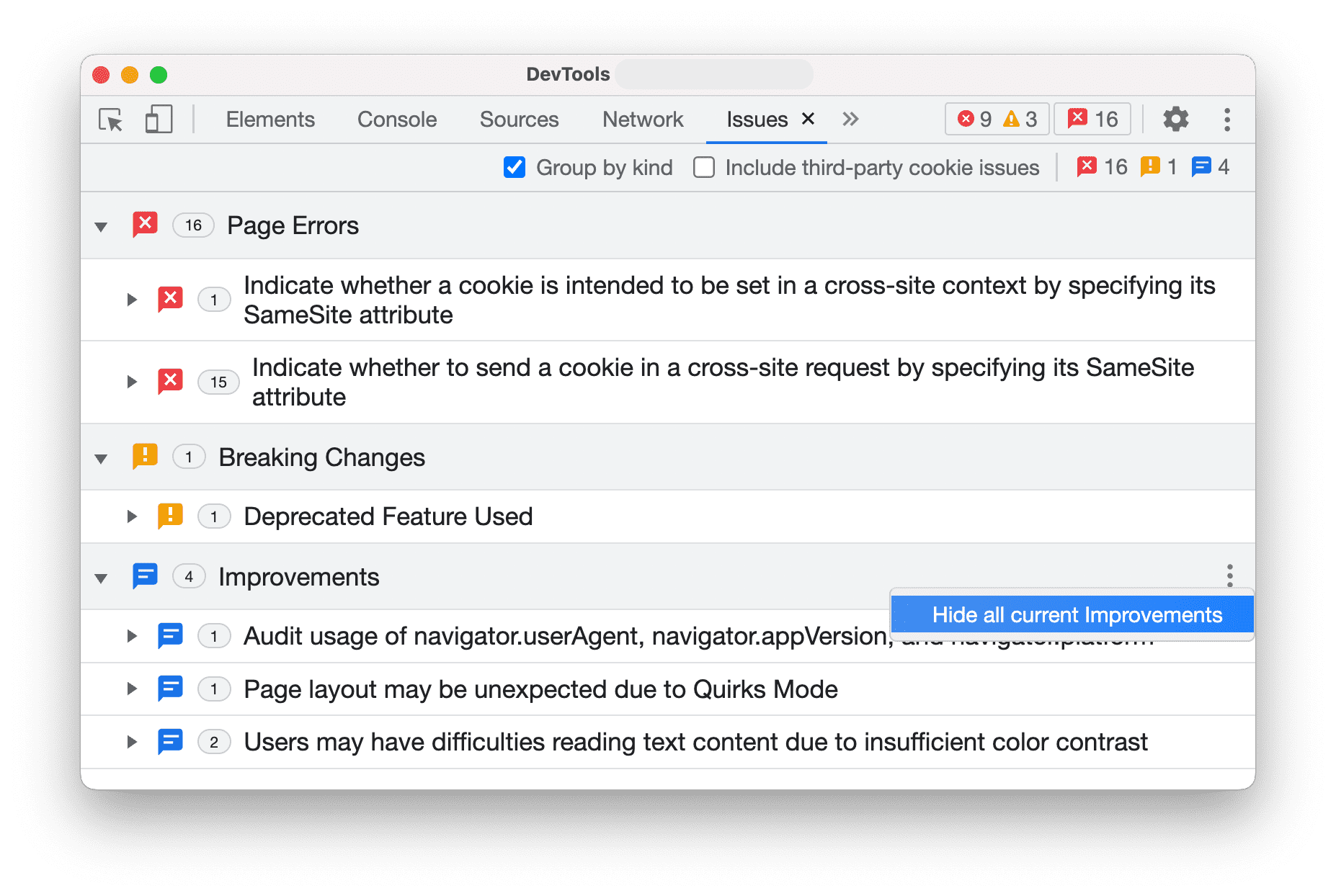 The three-dot menu with an option to hide the Improvements group.