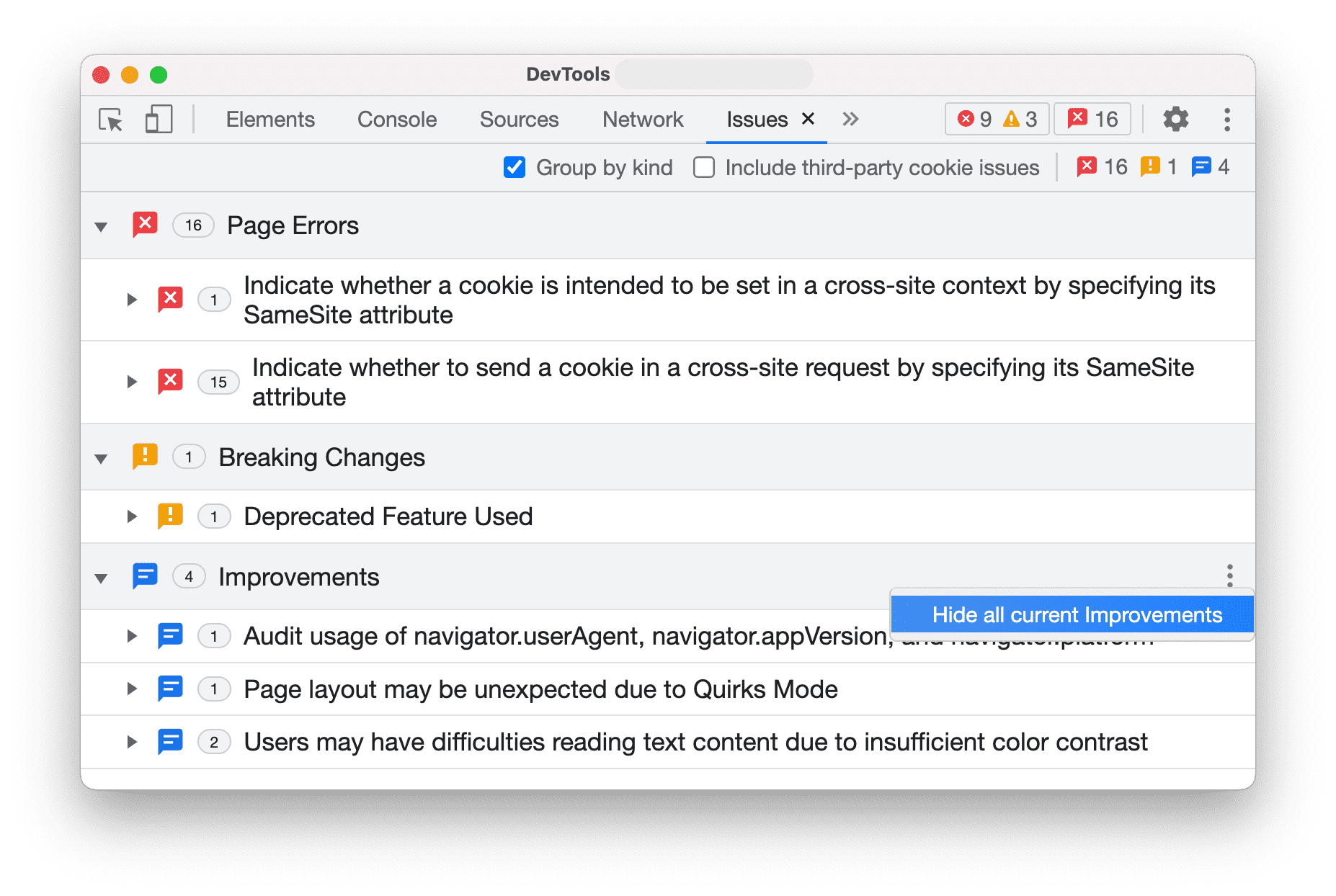 [改善] グループを非表示にするオプションを含むその他メニュー。