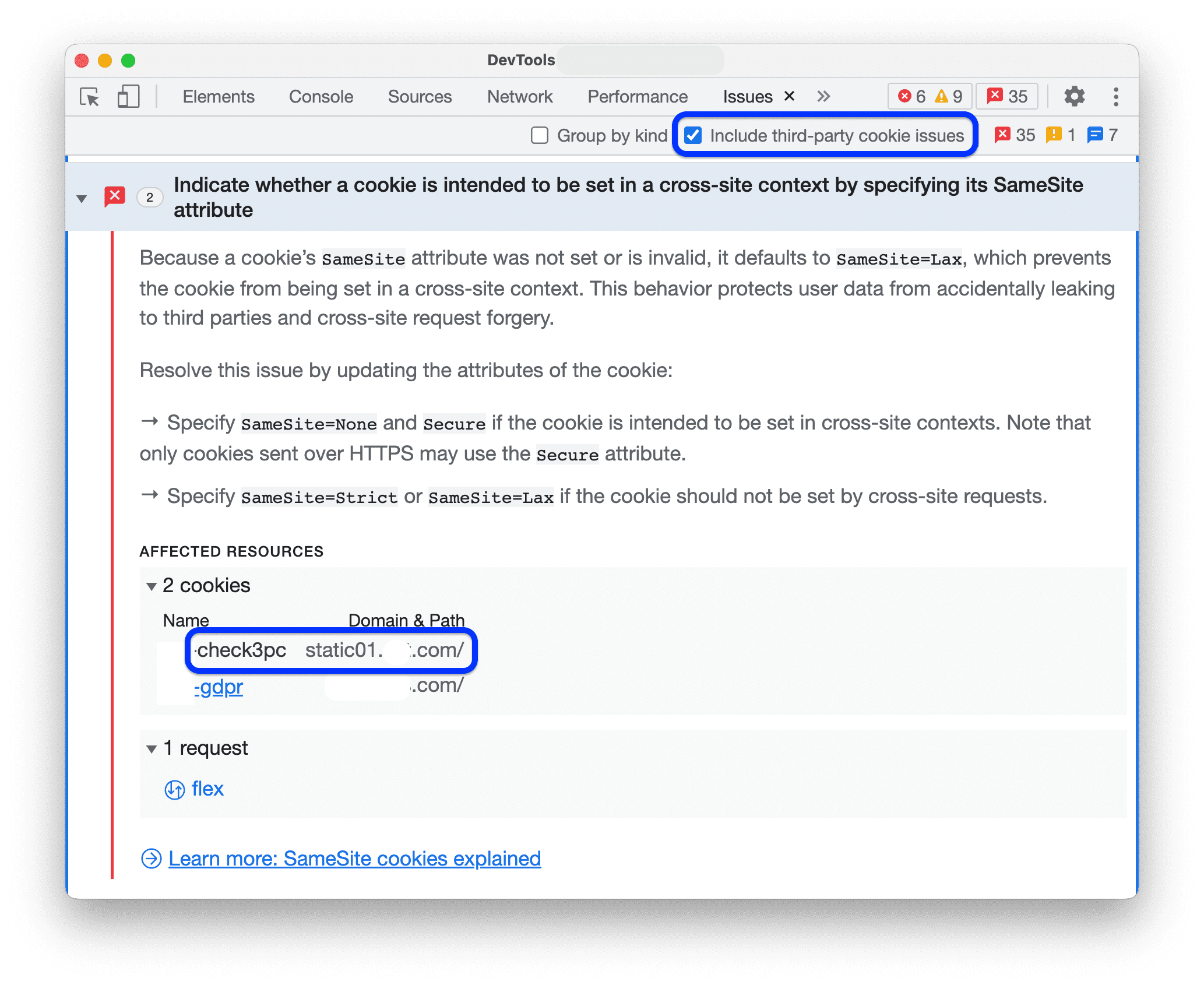 Cookie de terceros sin un recurso vinculado en la sección Recursos Afectados.