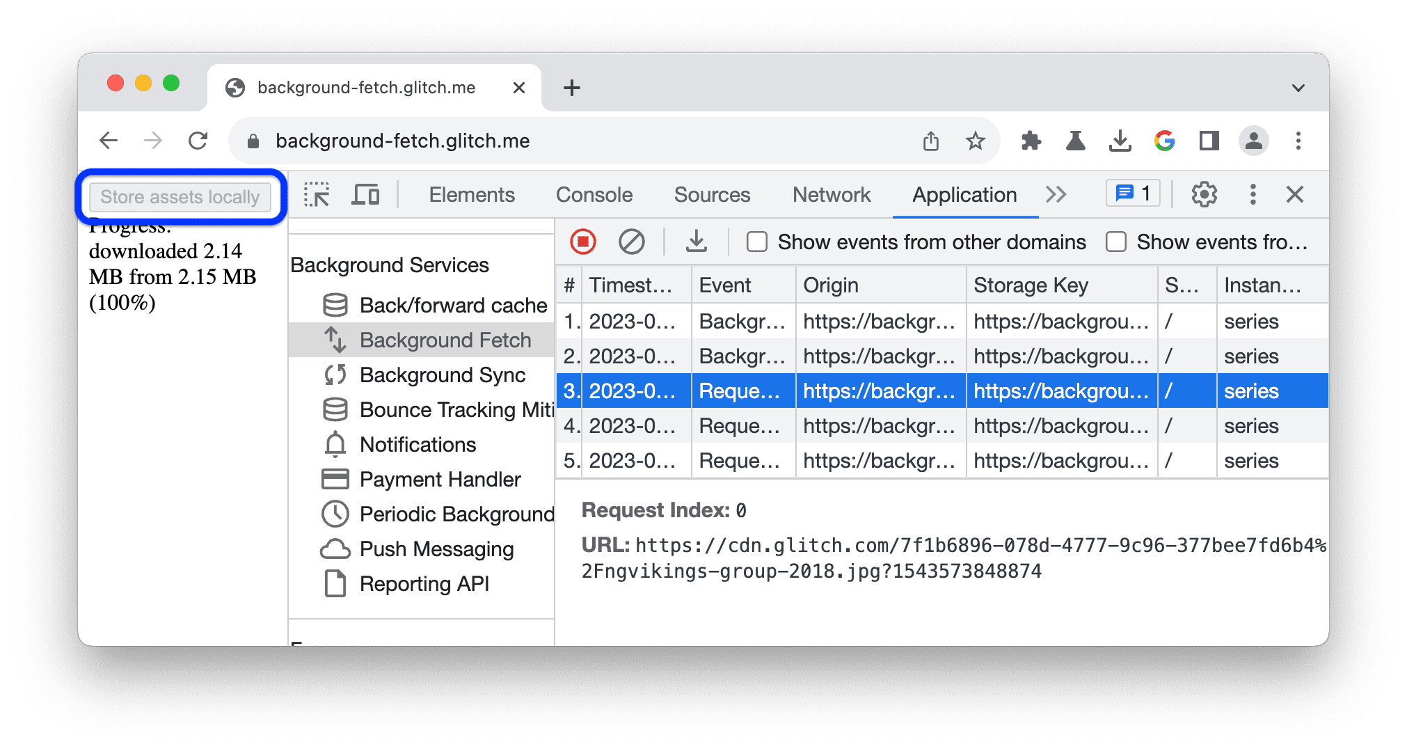 A log of events in the Background fetch pane.