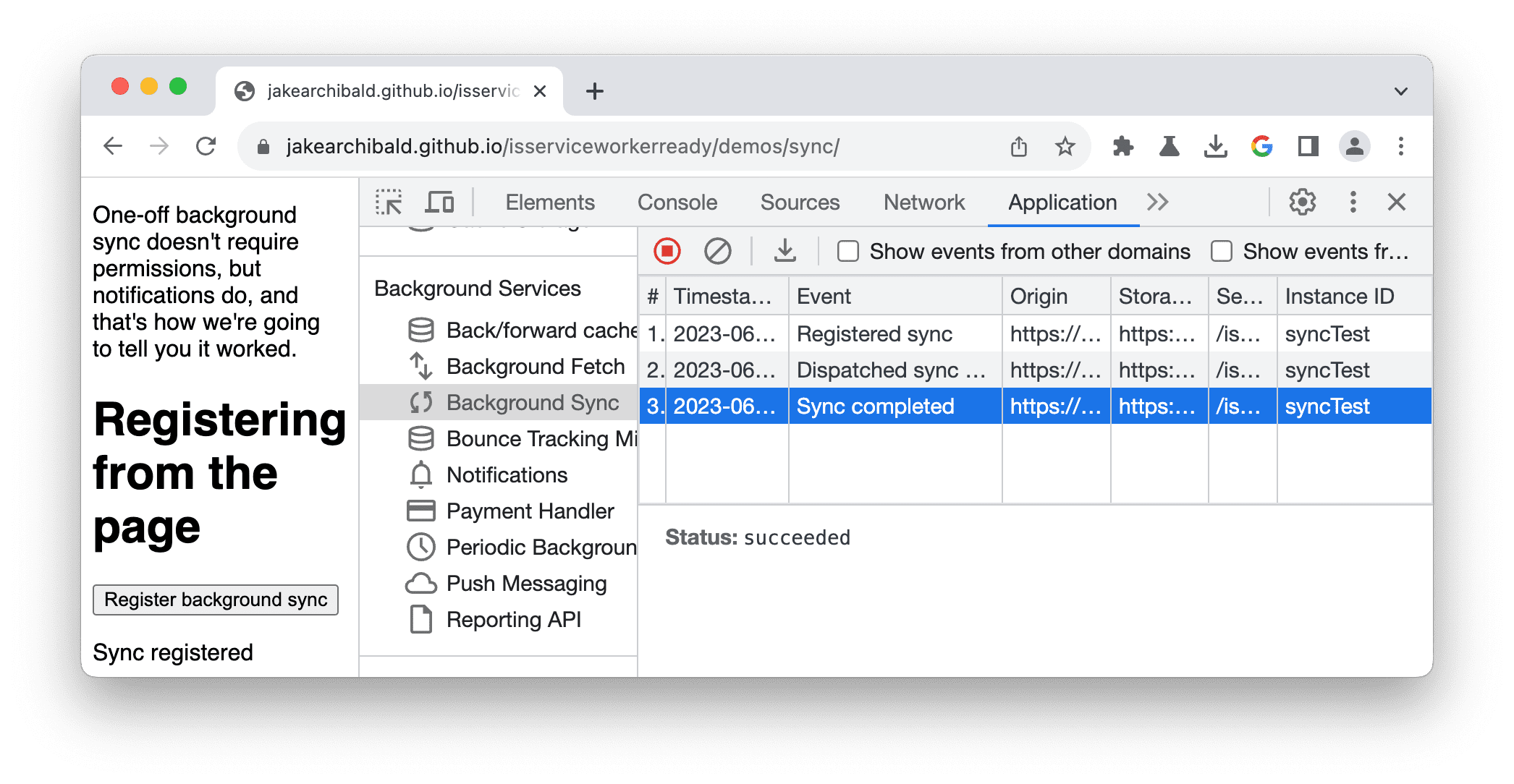 बैकग्राउंड सिंक टैब में मौजूद इवेंट का लॉग.