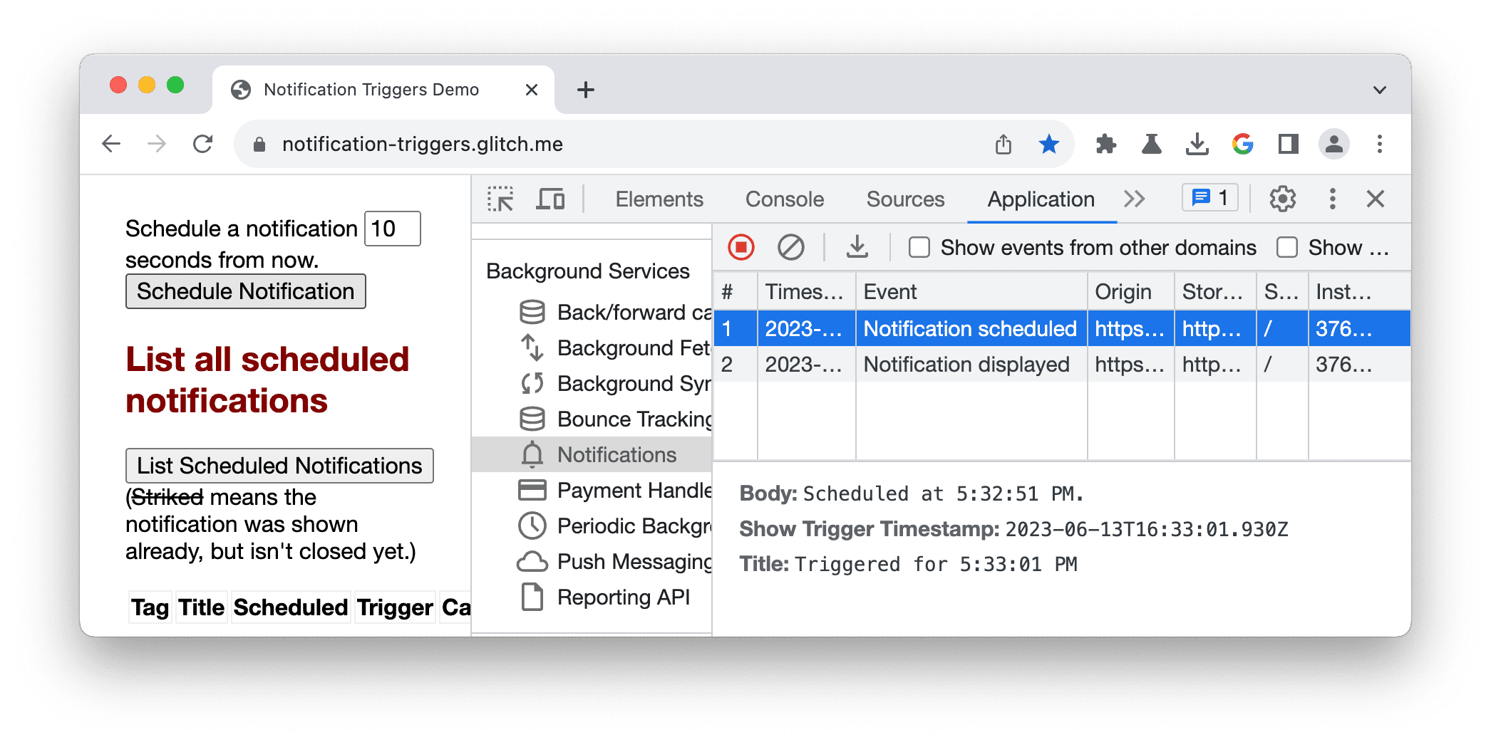 Log peristiwa di panel Notifikasi.