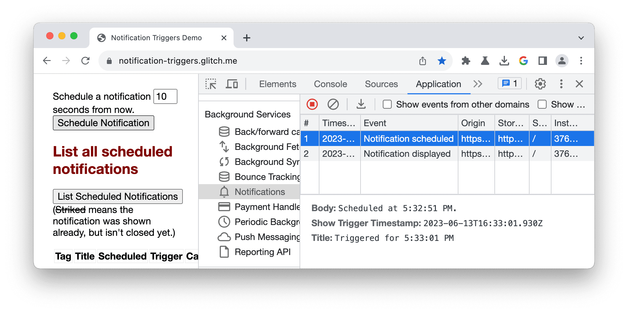 Un log degli eventi nella scheda Notifiche.