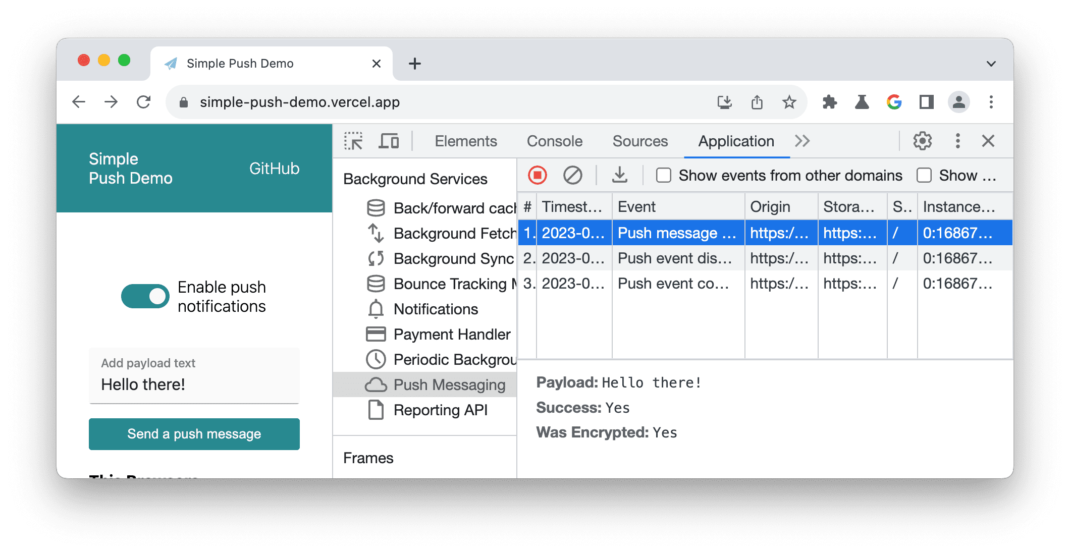 [プッシュ メッセージ] タブのイベントログ。