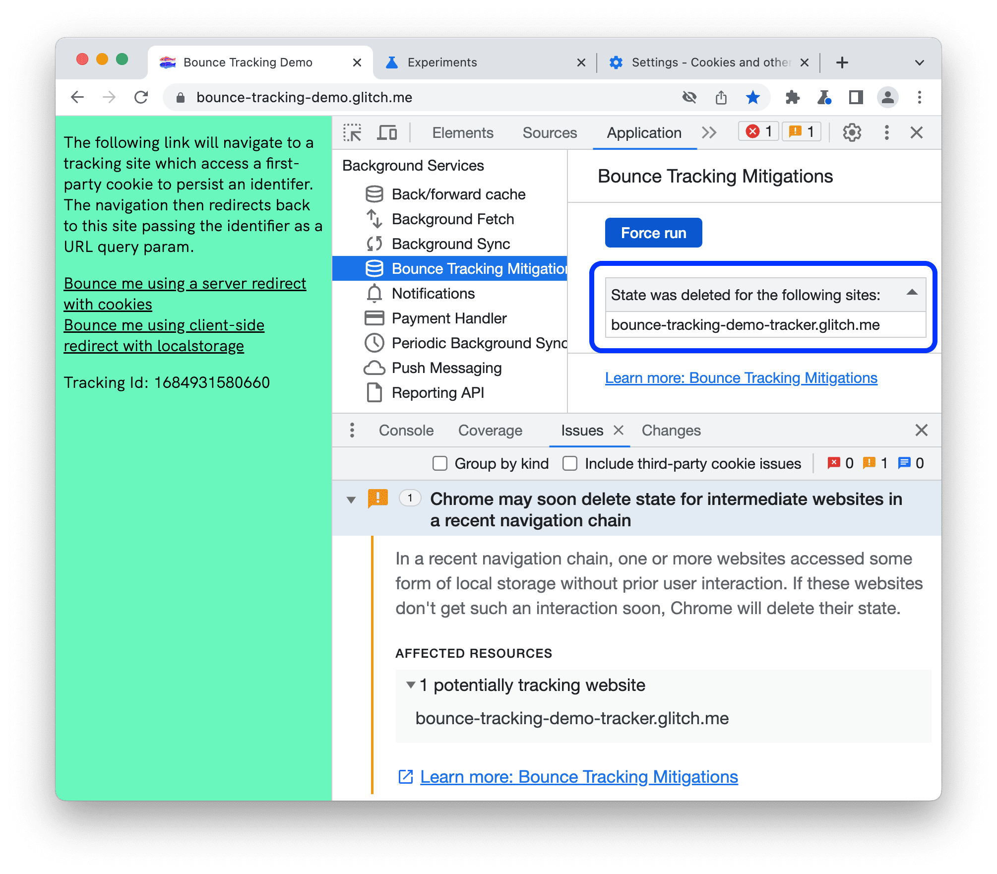 बाउंस ट्रैकिंग को कम करने की सुविधा, कुकी के मिटाए जाने की स्थिति दिखाती है.