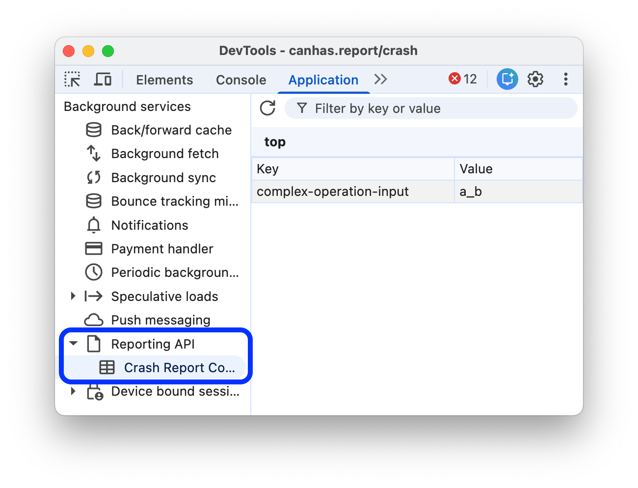 A guia "Contexto do relatório de erros".