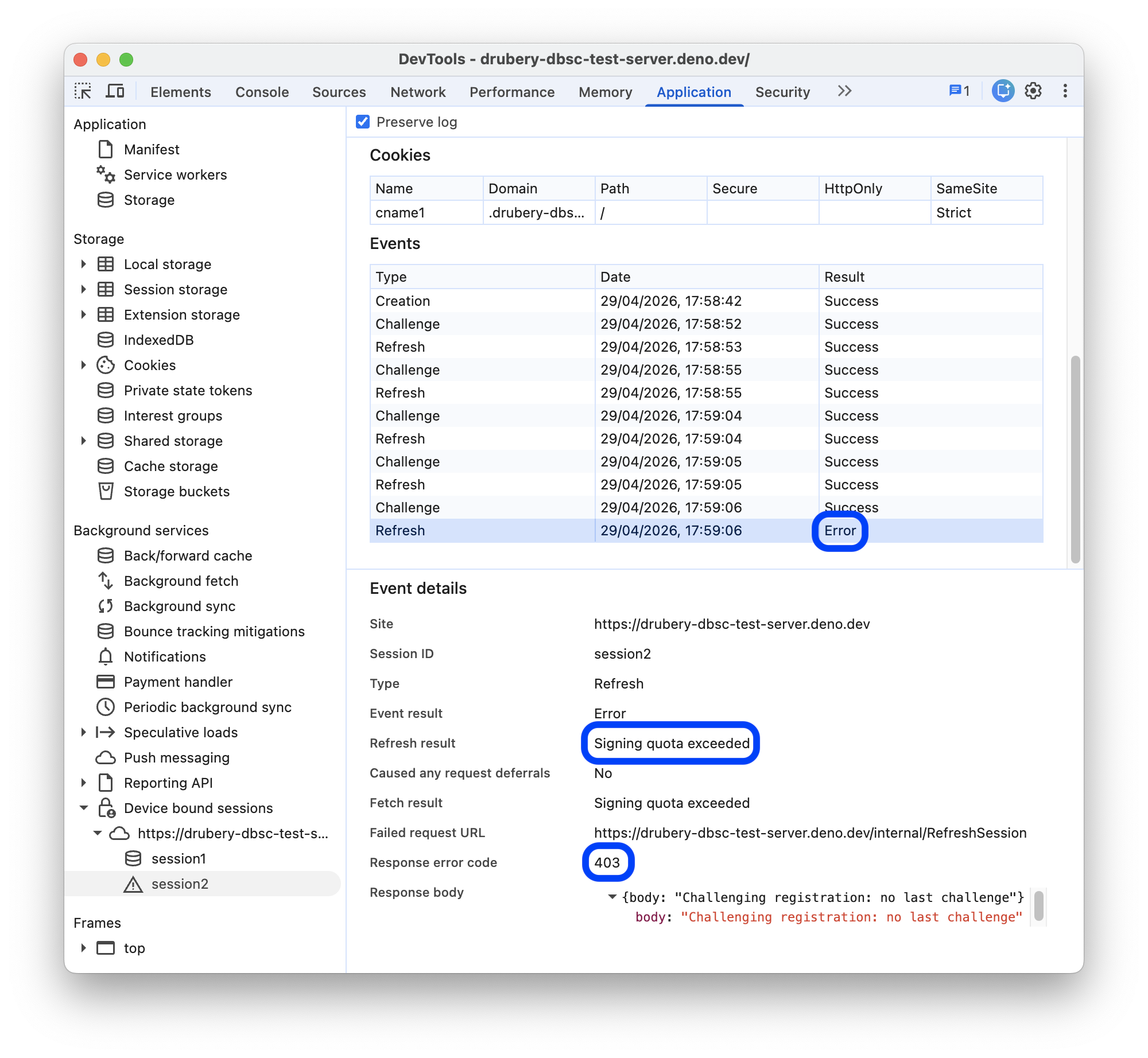 Der Tab „Gerätegebundene Sitzungen“ mit einem ausgewählten Fehlerereignis.