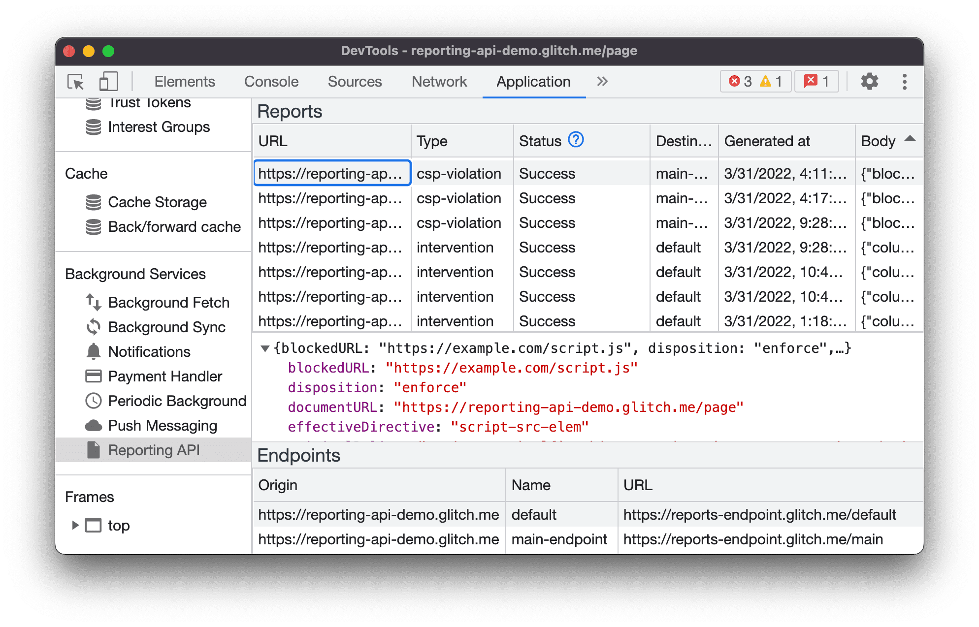 Rapporten vermeld in de Reporting API