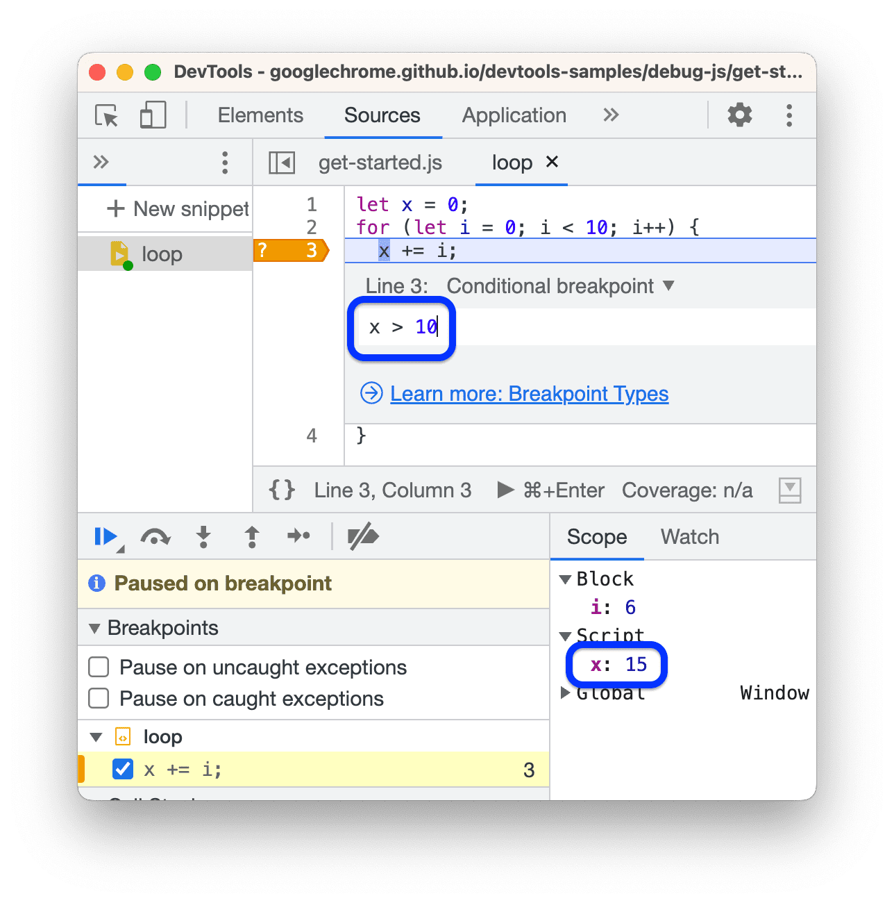 Een voorwaardelijk breekpunt voor een regel code.