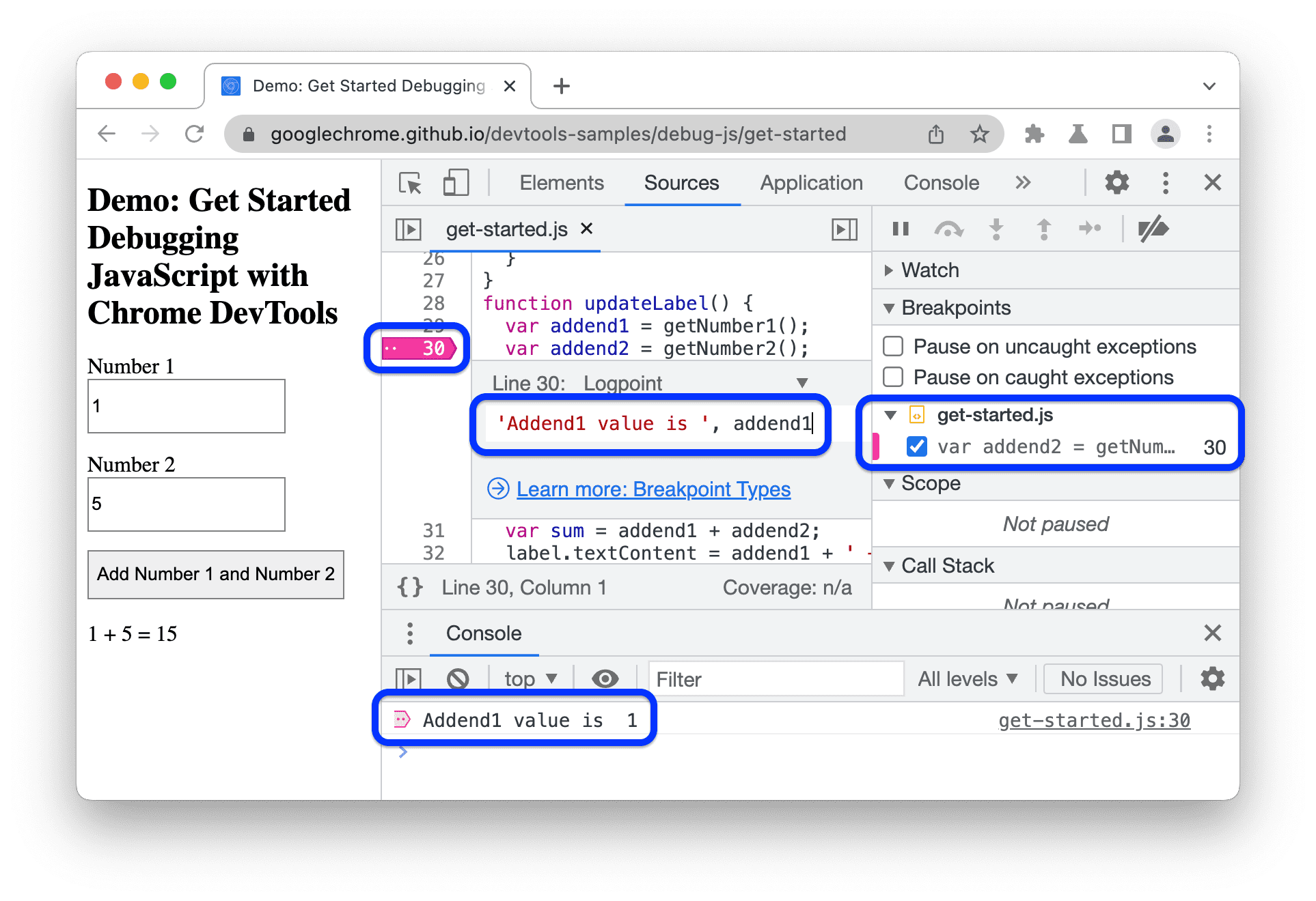 A logpoint that logs a string and a variable value to the Console.