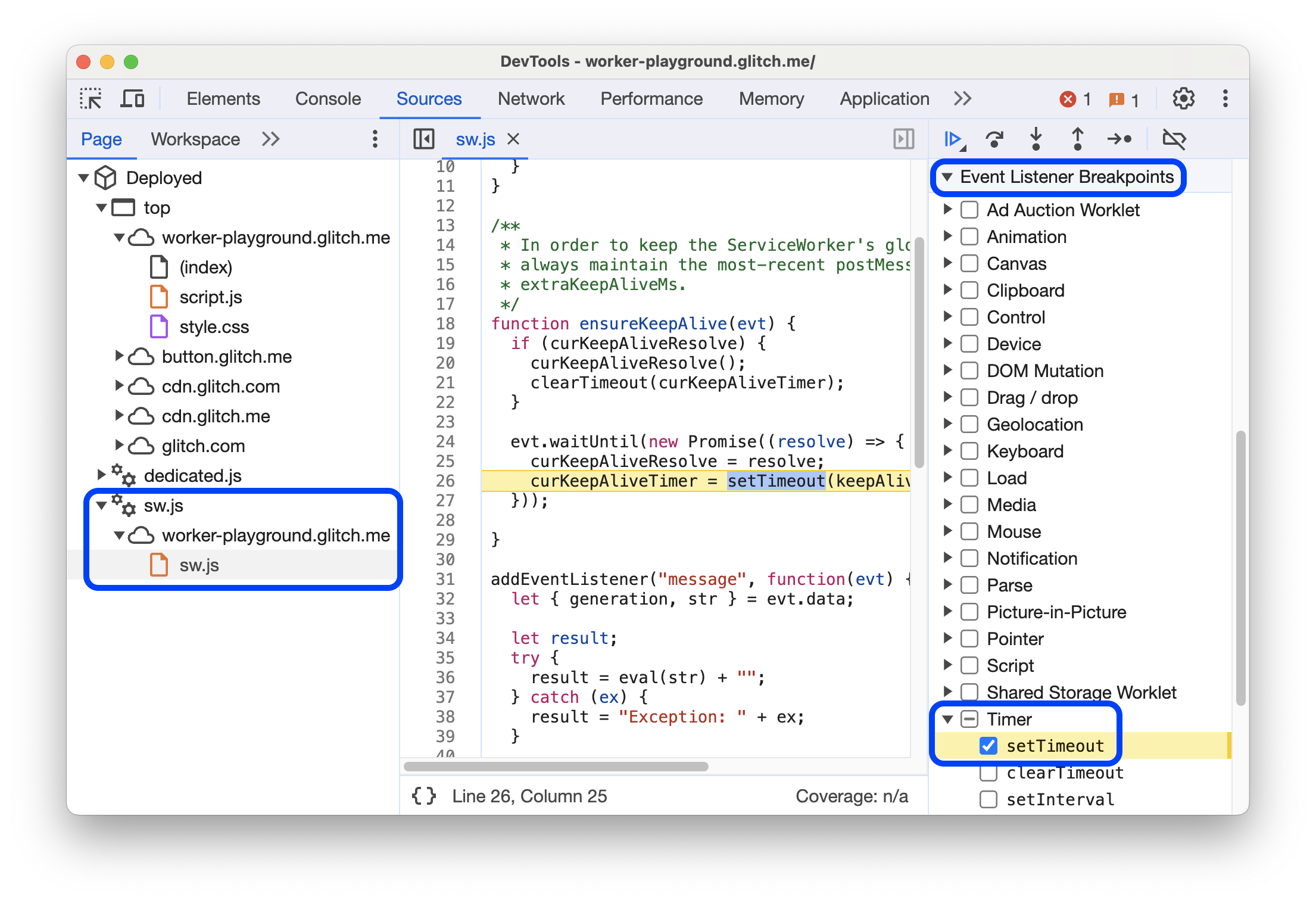 Le débogueur a été suspendu sur l'événement d'un service worker.