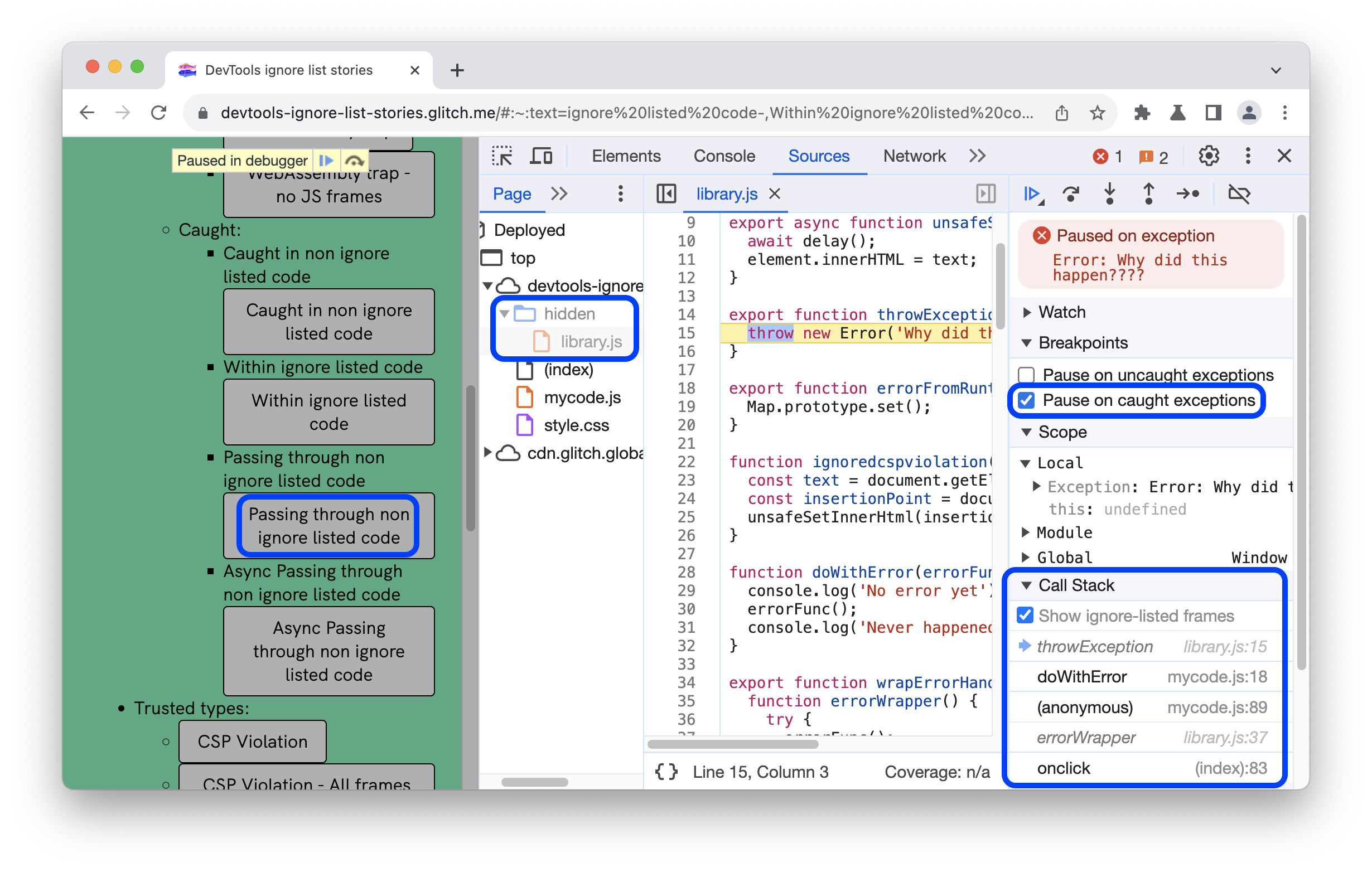 Pause on exceptions - Chrome DevTools - Dev Tips