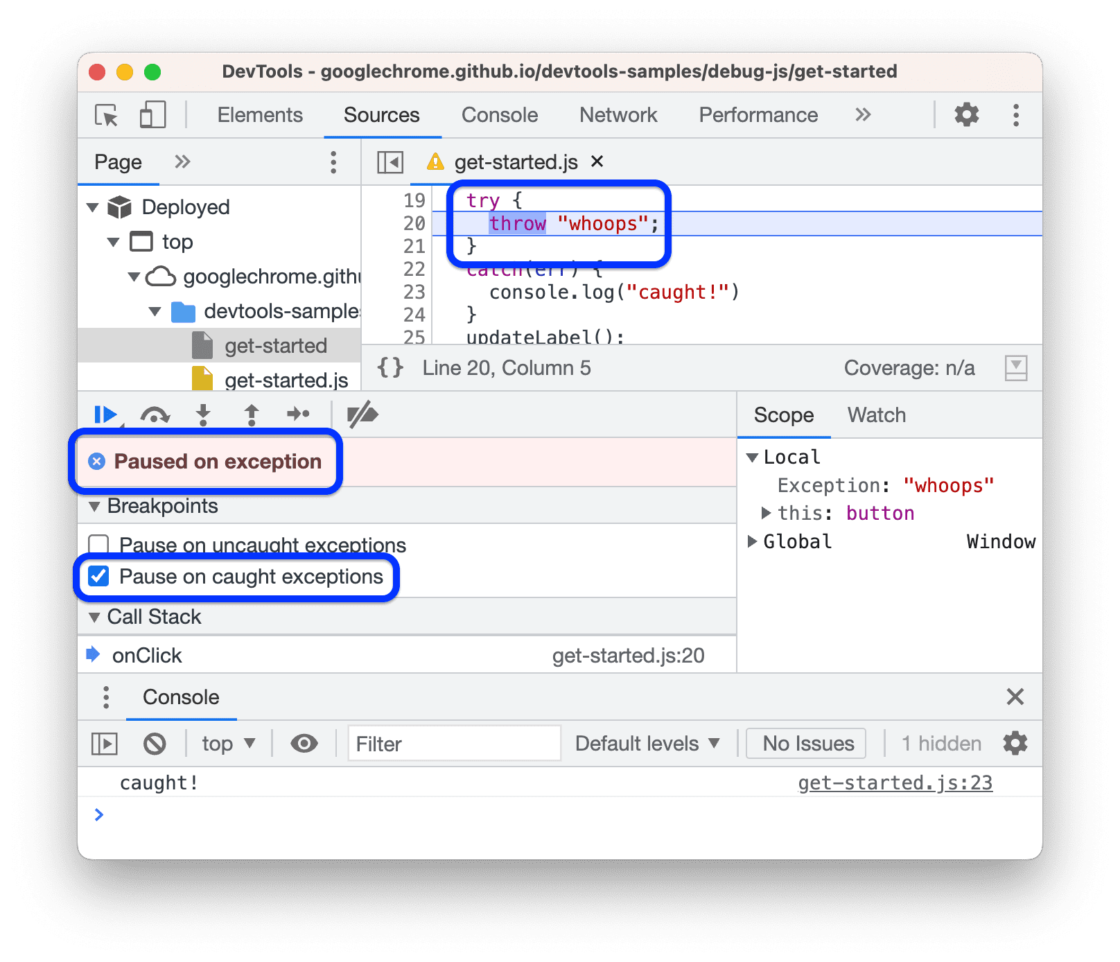啟用對應的核取方塊時，在發生例外狀況時暫停。