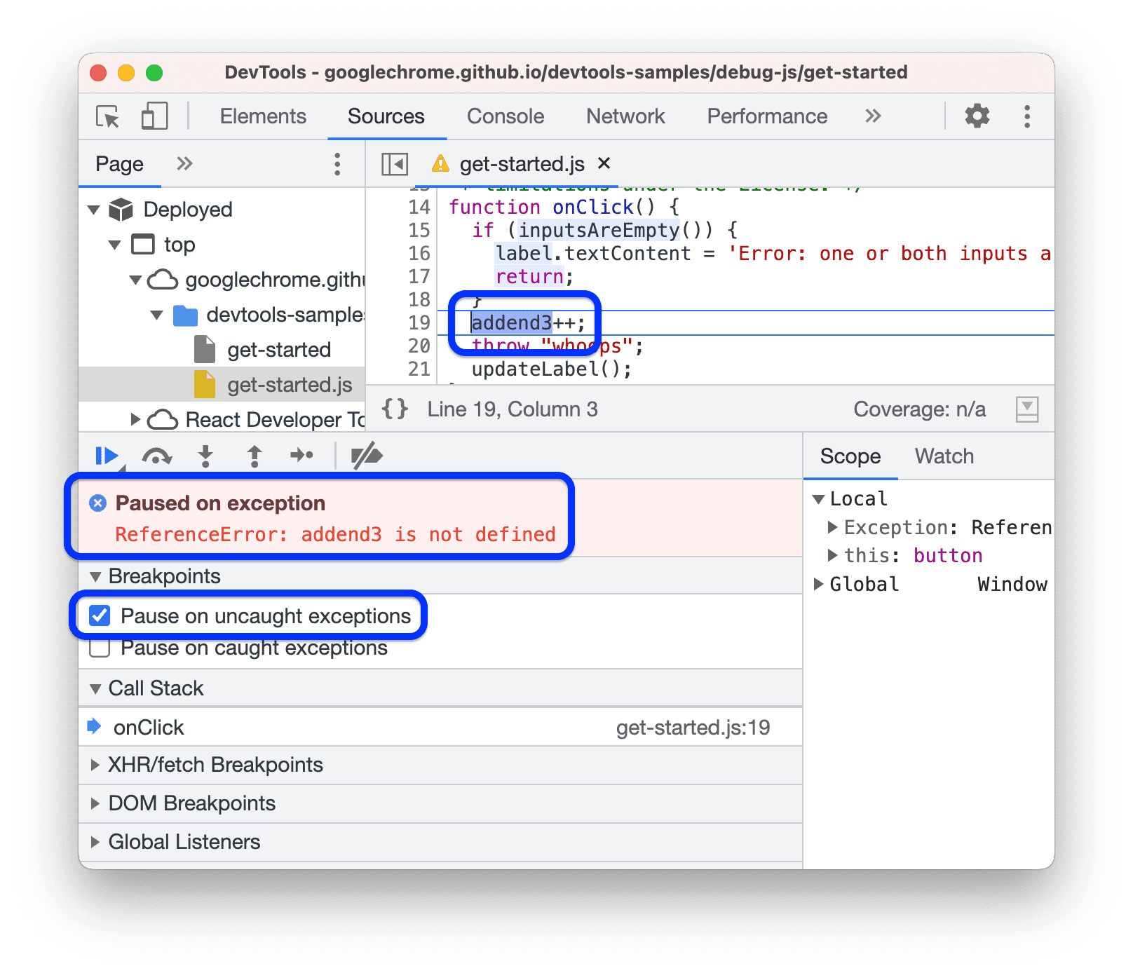 Pause on exceptions - Chrome DevTools - Dev Tips