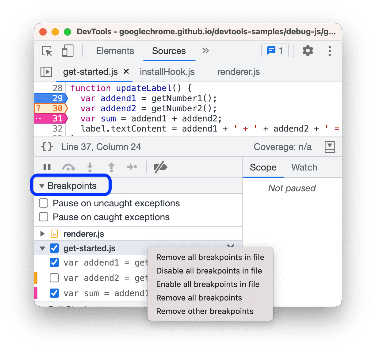 使用中斷點暫停程式碼 Chrome DevTools Chrome for Developers