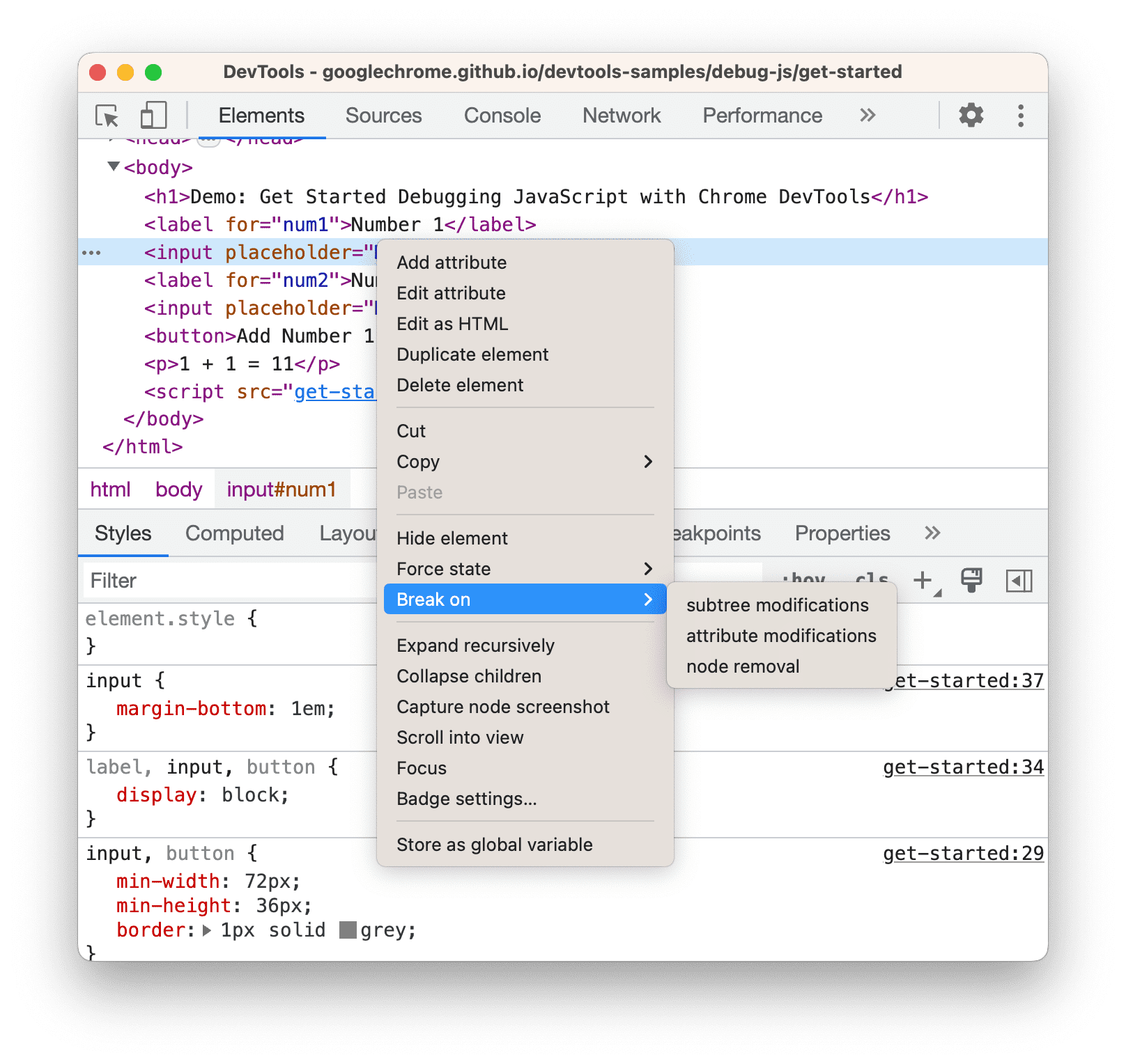 The context menu for creating a DOM change breakpoint.