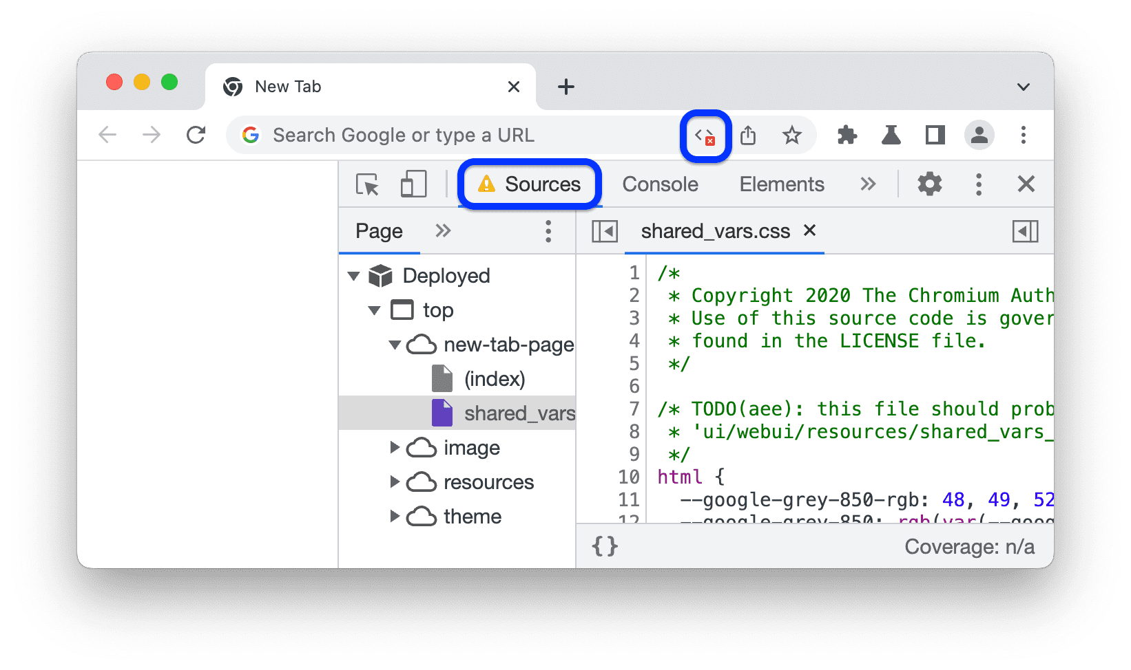 Een pictogram in de adresbalk en een waarschuwingspictogram naast Bronnen in DevTools.