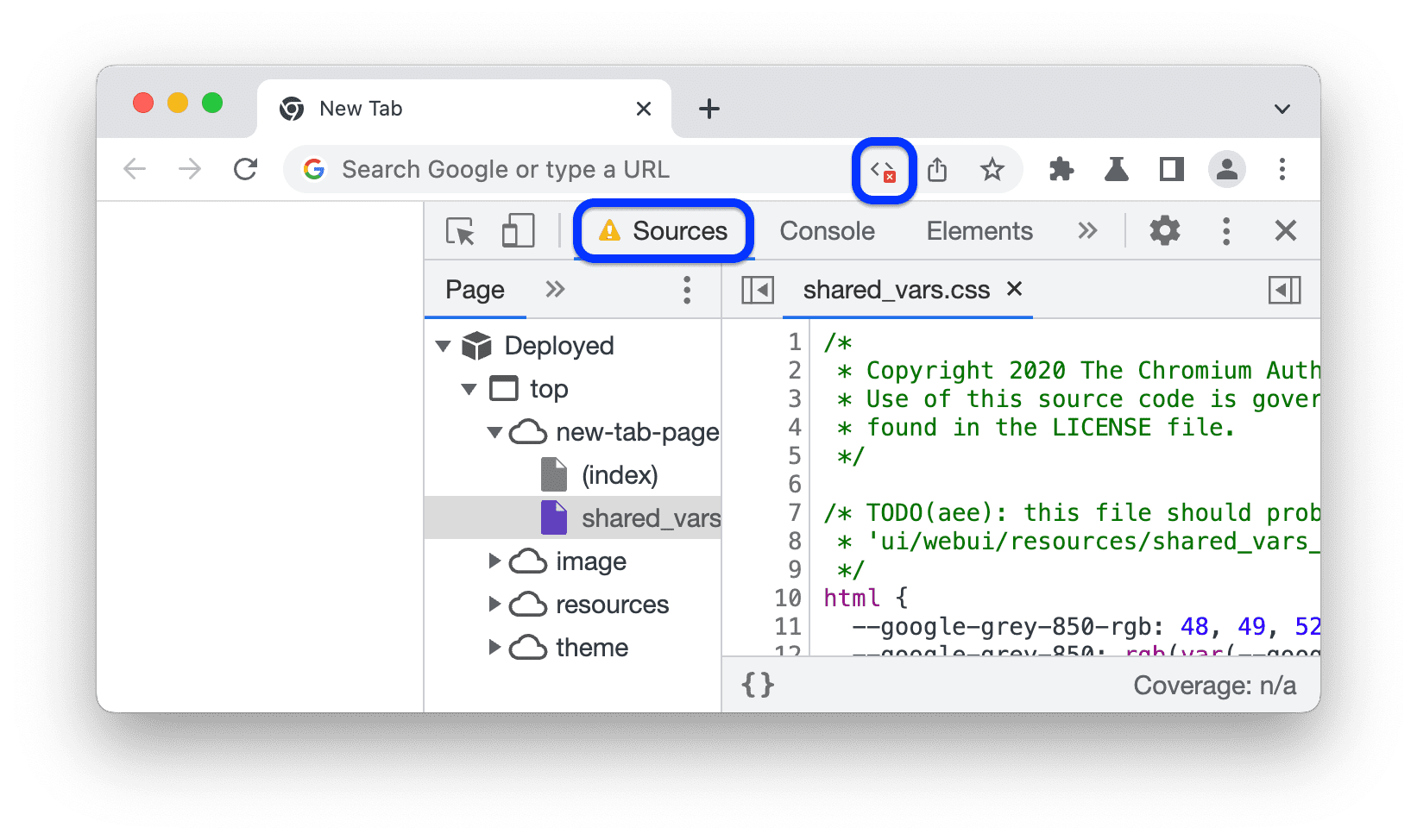 Значок в адресной строке и значок предупреждения рядом с Sources в DevTools.