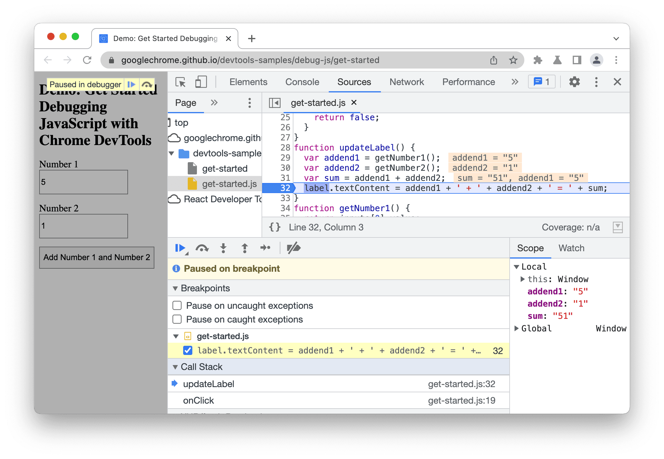 DevTools pauses on the line-of-code breakpoint on line 32.