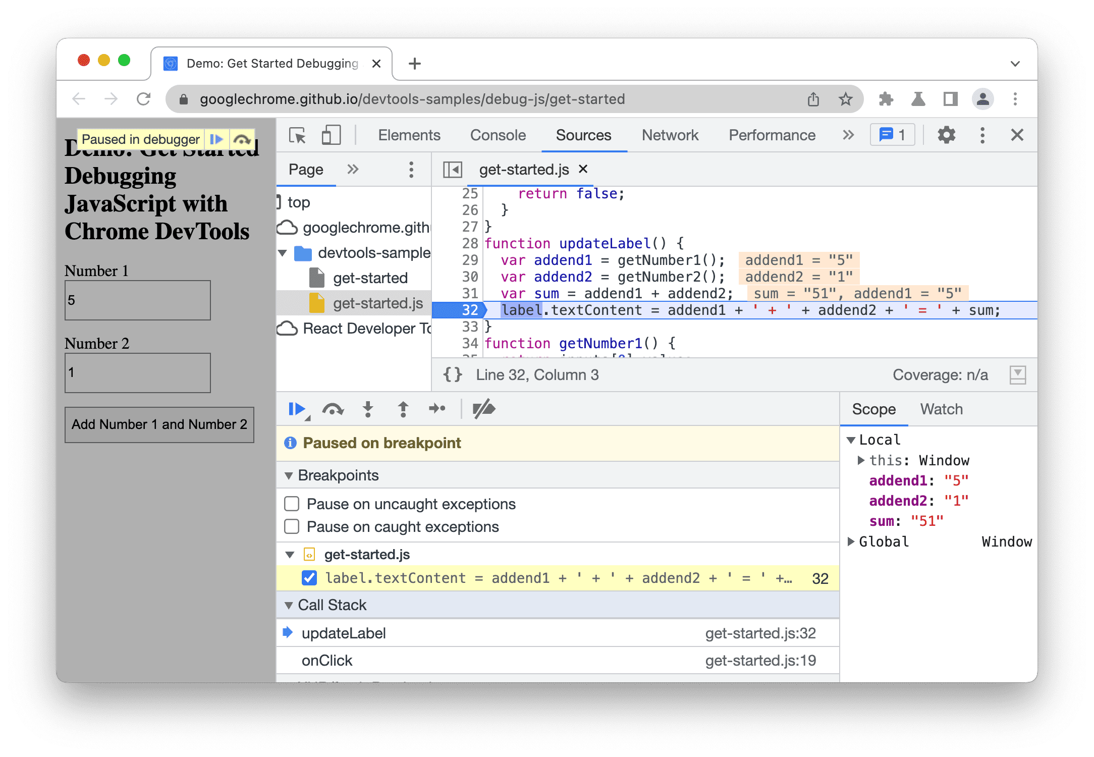 DevTools가 32번 줄의 코드 줄 중단점에서 일시중지됩니다.