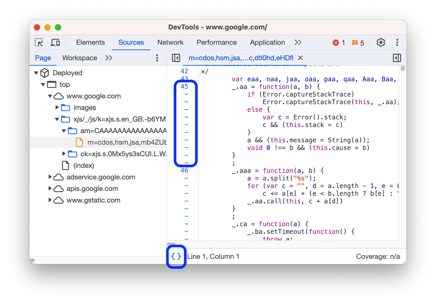 A pretty-printed long code line shown in multiple lines, with '-' to indicate line continuation.