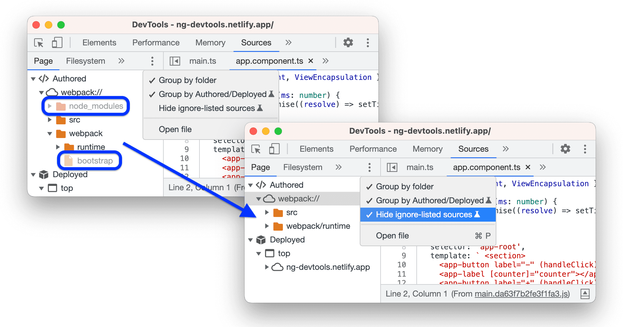 無視リストのソースを非表示にする前と後。