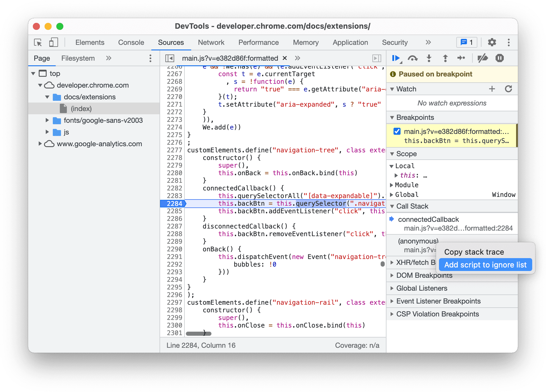 Mengabaikan skrip dari panel Call Stack.