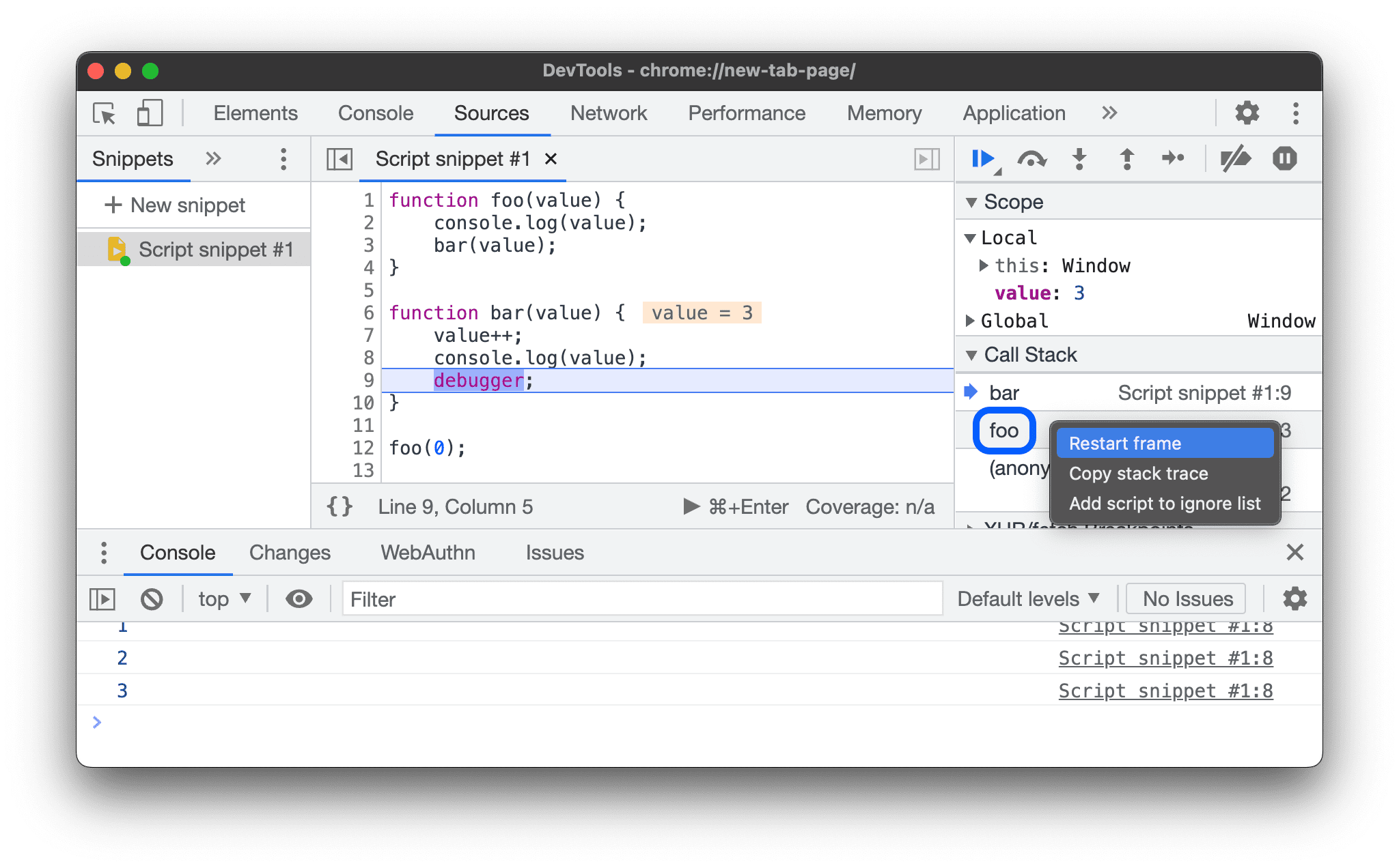 Frame „foo()“ wird neu gestartet.