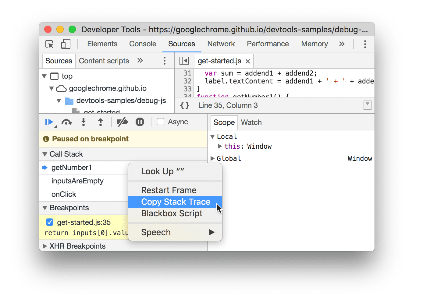 Selecting 'Copy Stack Trace'.