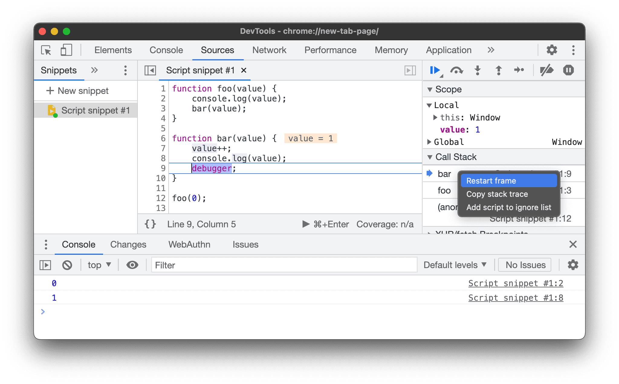 Pilih {i>Restart frame<i} dari menu {i>drop-down<i}.