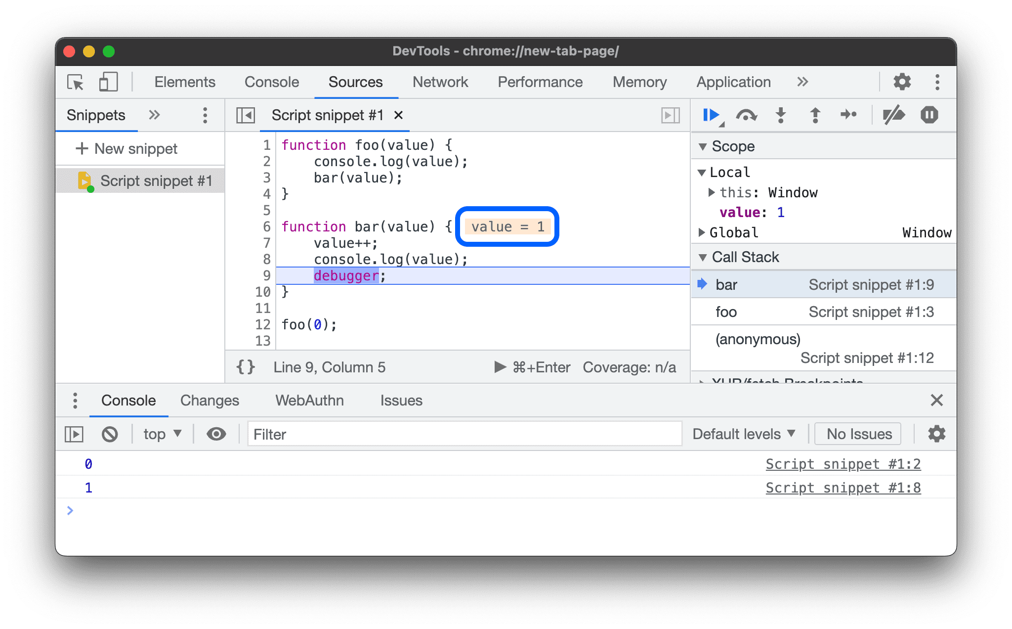 The current value next to function declaration.