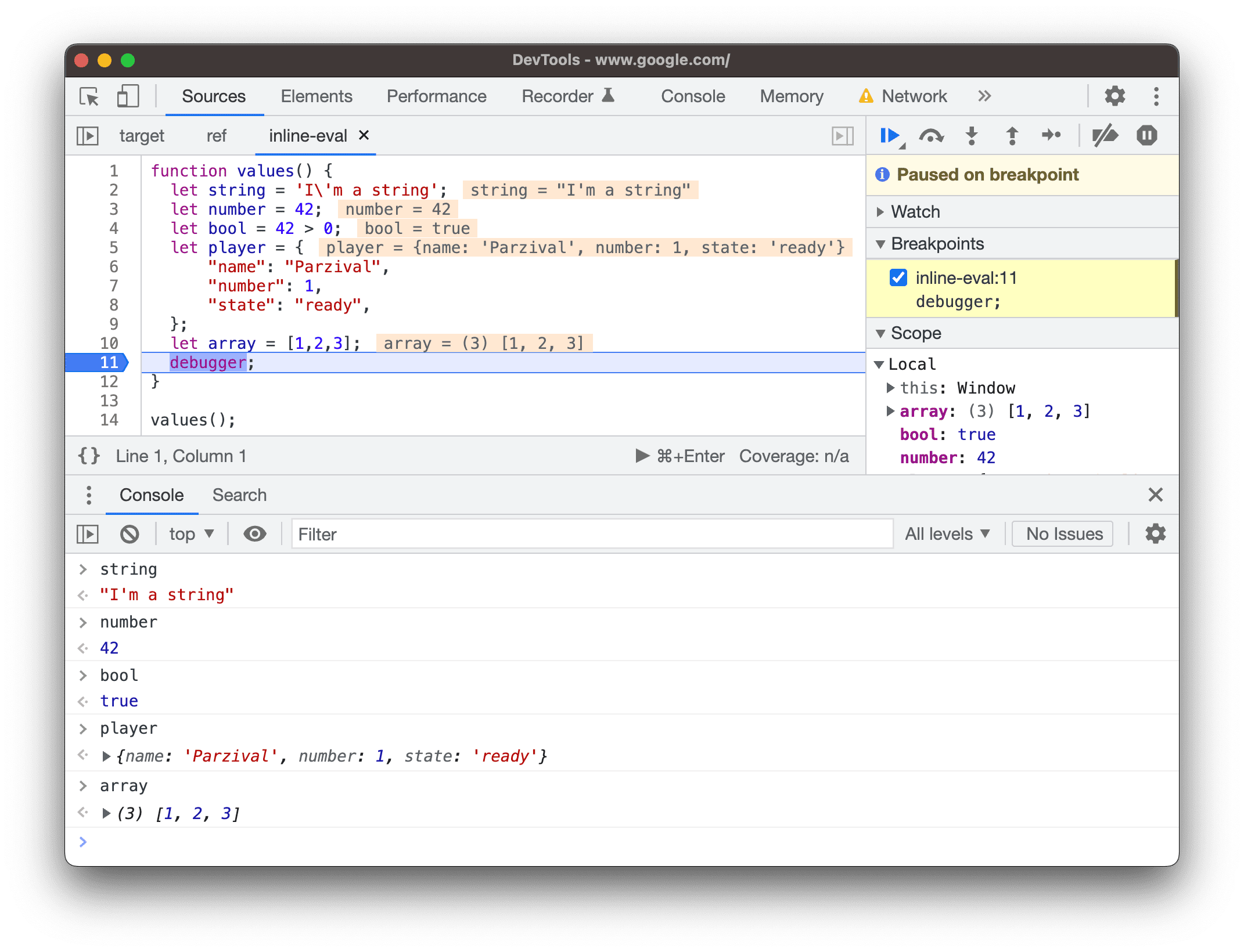 Usar la consola para consultar las variables, constantes y objetos evaluados