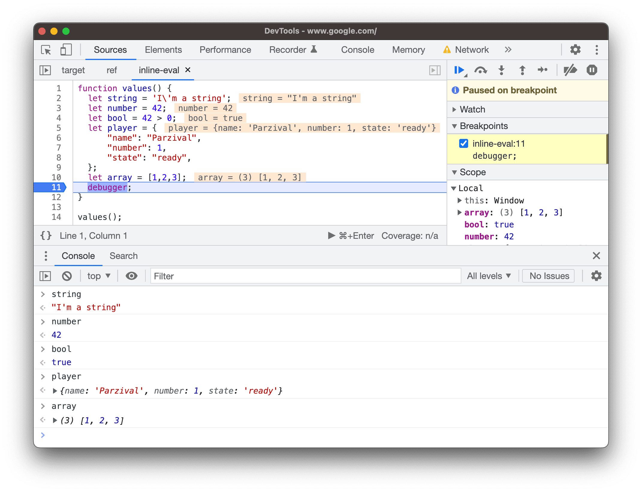 Abfragen der ausgewerteten Variablen, Konstanten und Objekte über die Konsole