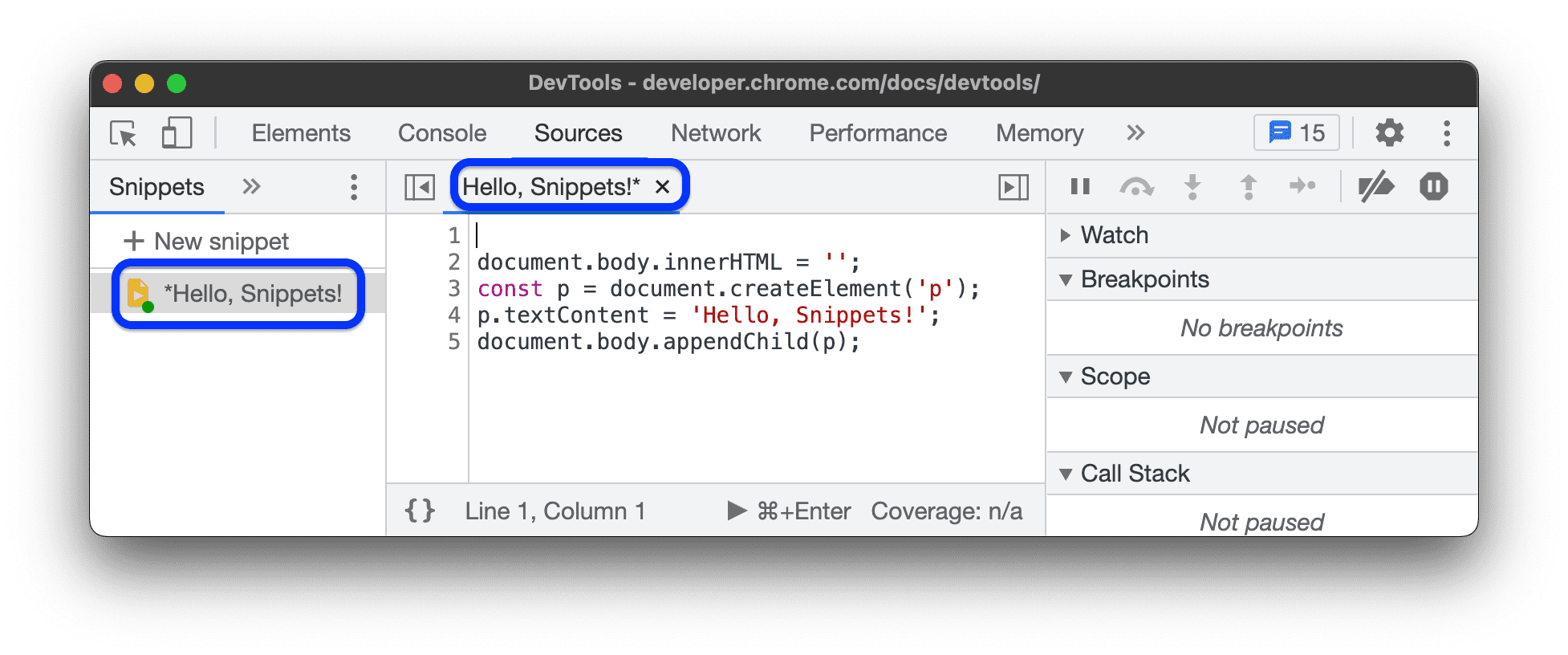 Un astérisque à côté du nom de l'extrait indique que le code n'a pas été enregistré.