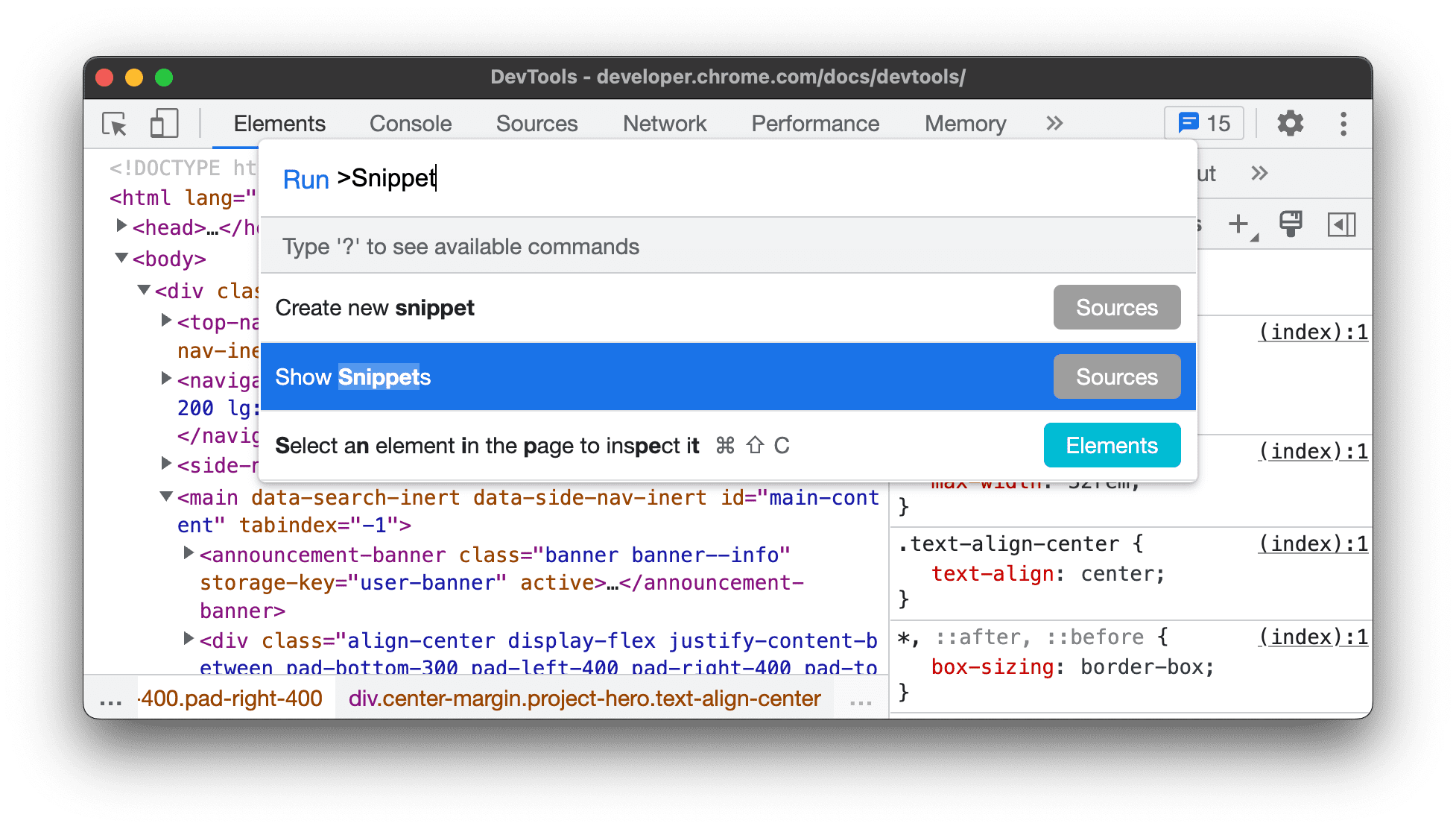 Seleção de &quot;Mostrar snippets&quot; no menu de comando.