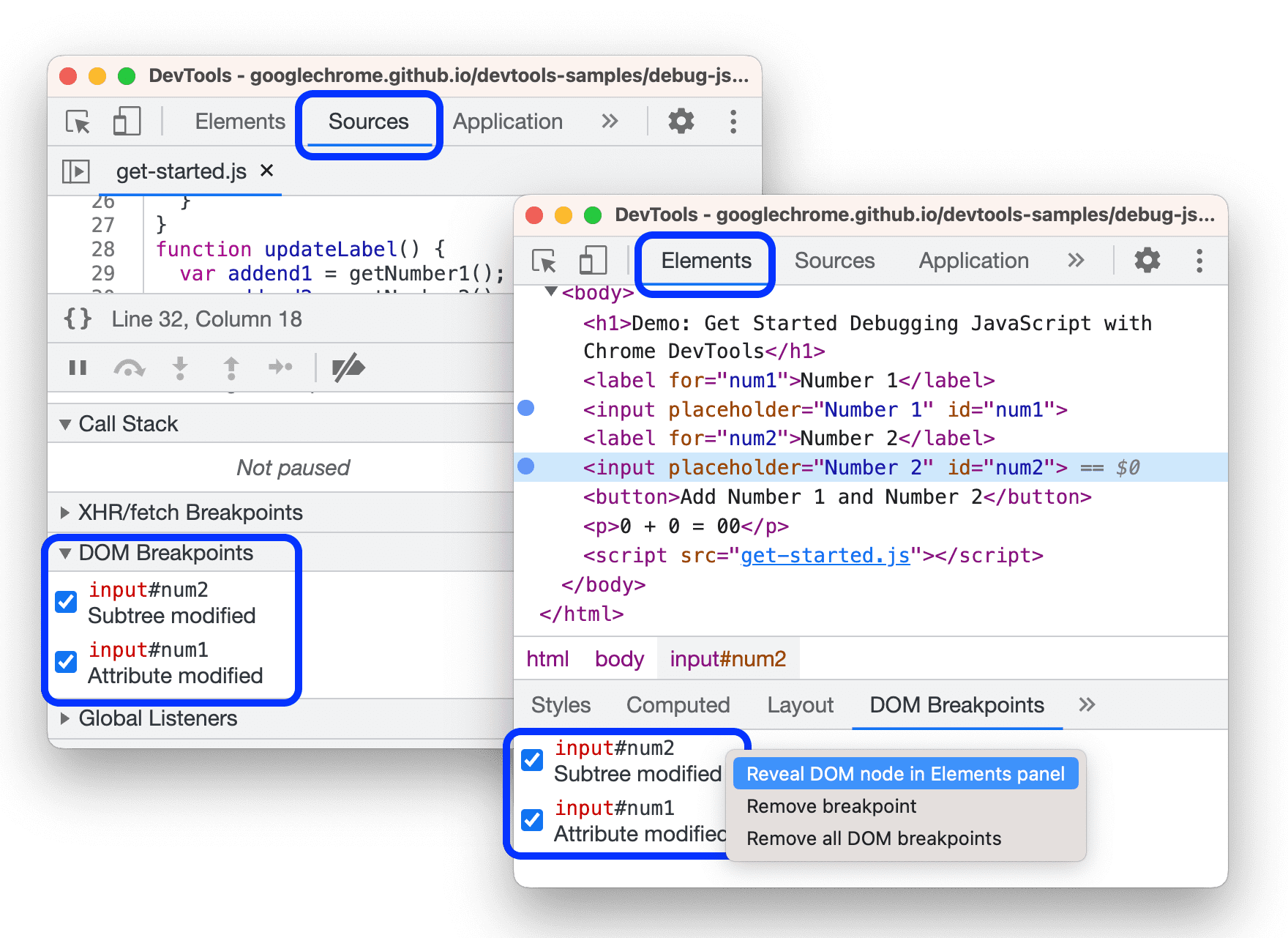 Points d'arrêt listés dans les panneaux "Sources" et "Éléments".