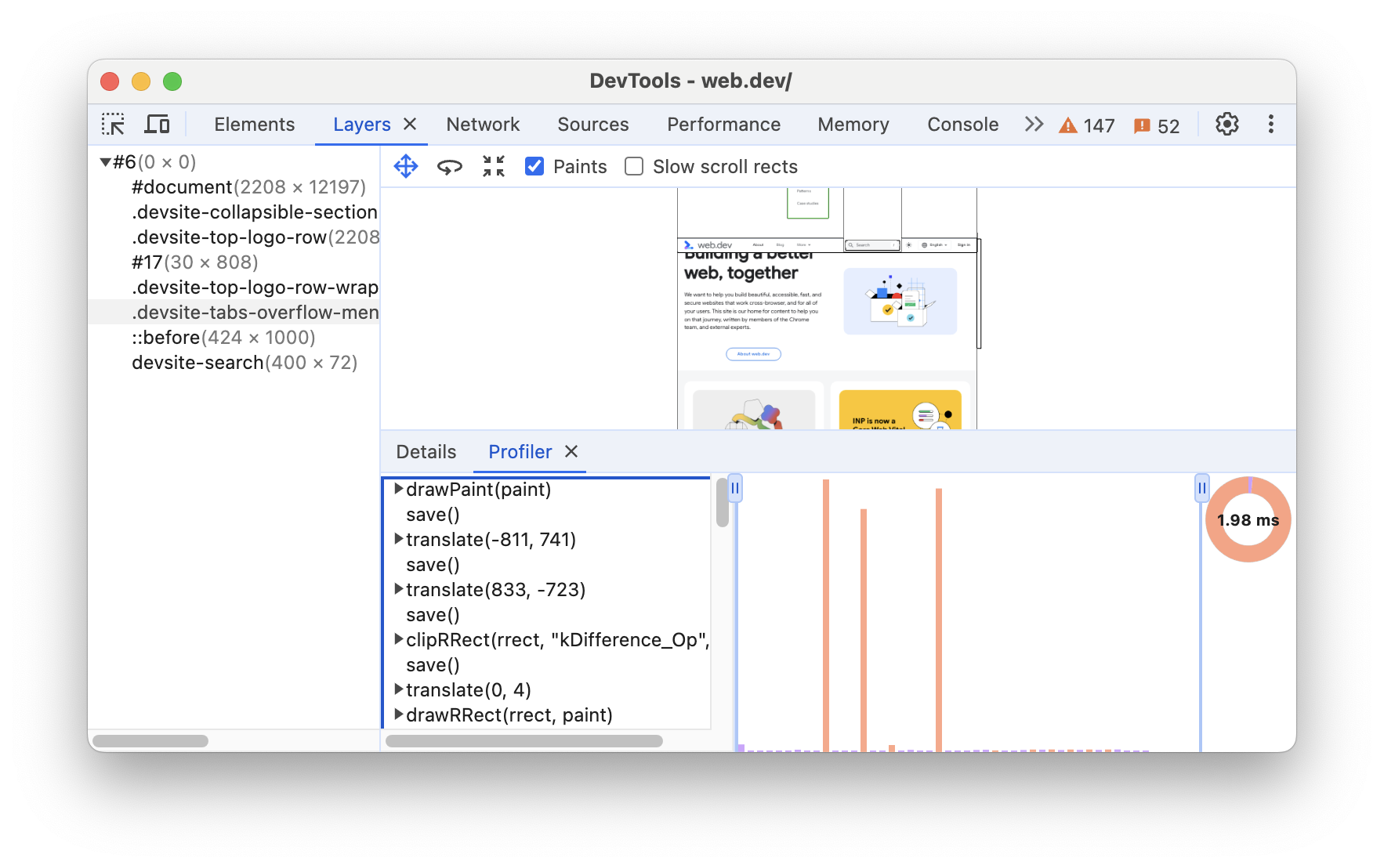Den Tab „Profiler“.