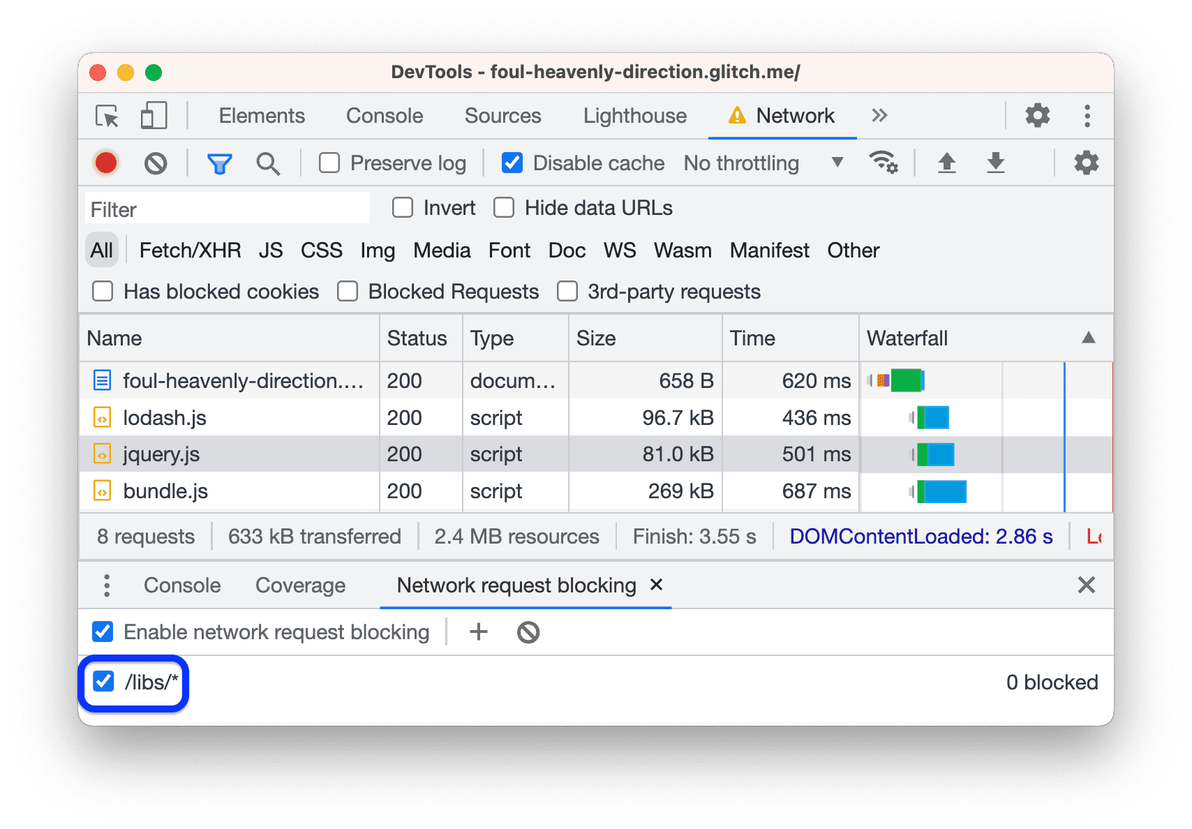 Aggiunta di un pattern per bloccare qualsiasi richiesta al file &quot;libs&quot; .