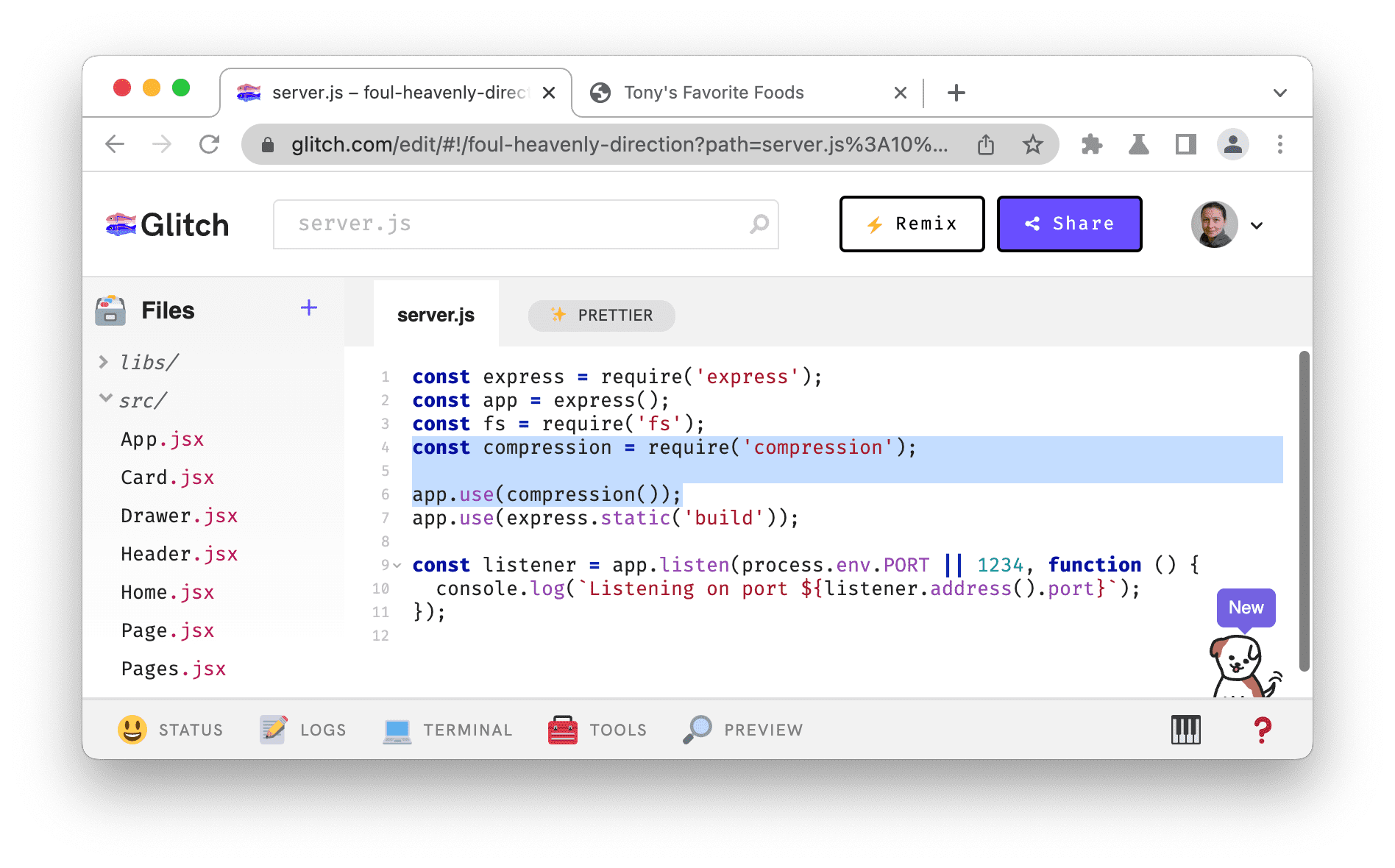 Bearbeiten Sie server.js.