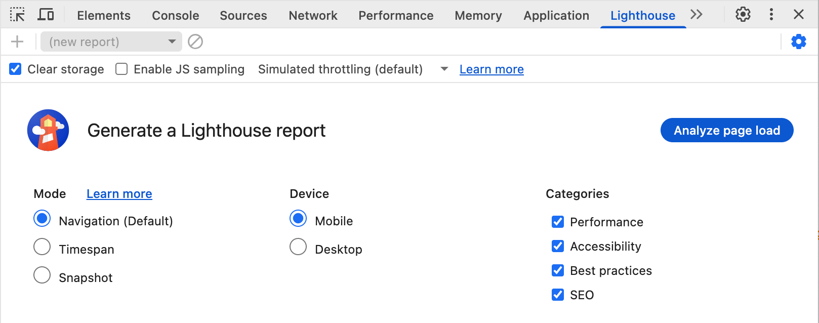 The various options available in the DevTools panel including 'Clear storage', 'Enable JS sampling', and throttling options under the Settings bar, selection of mode, device, and categories