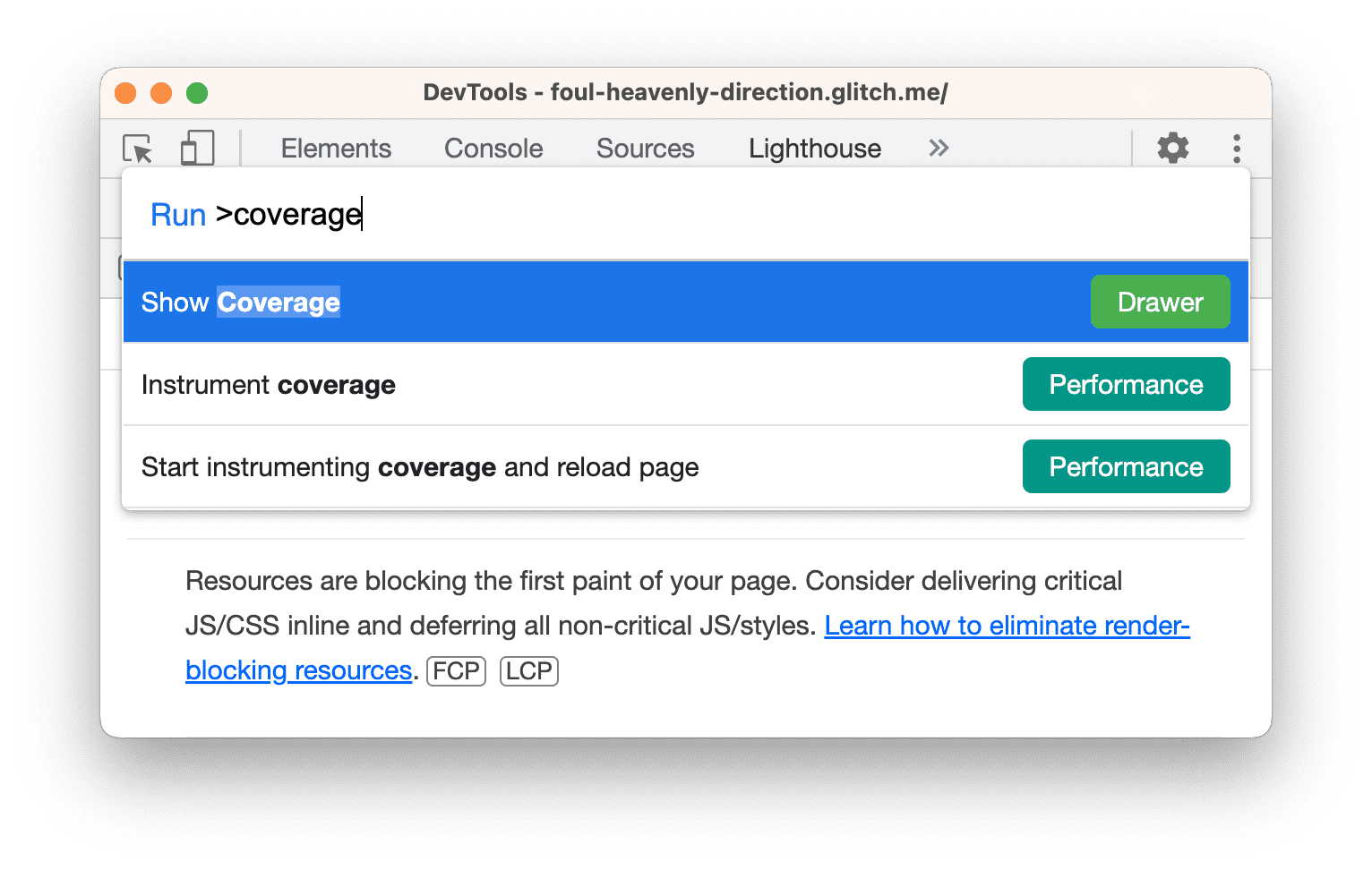 Lighthouse パネルからコマンド メニューを開く。