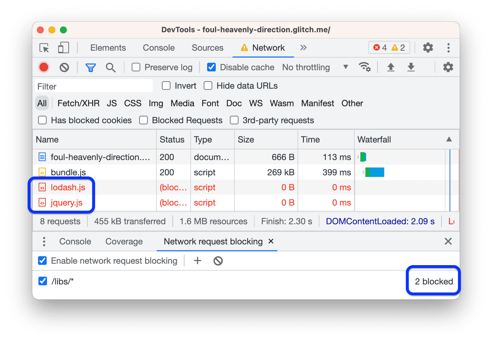 リクエストがブロックされたことが [ネットワーク] パネルに表示されます。