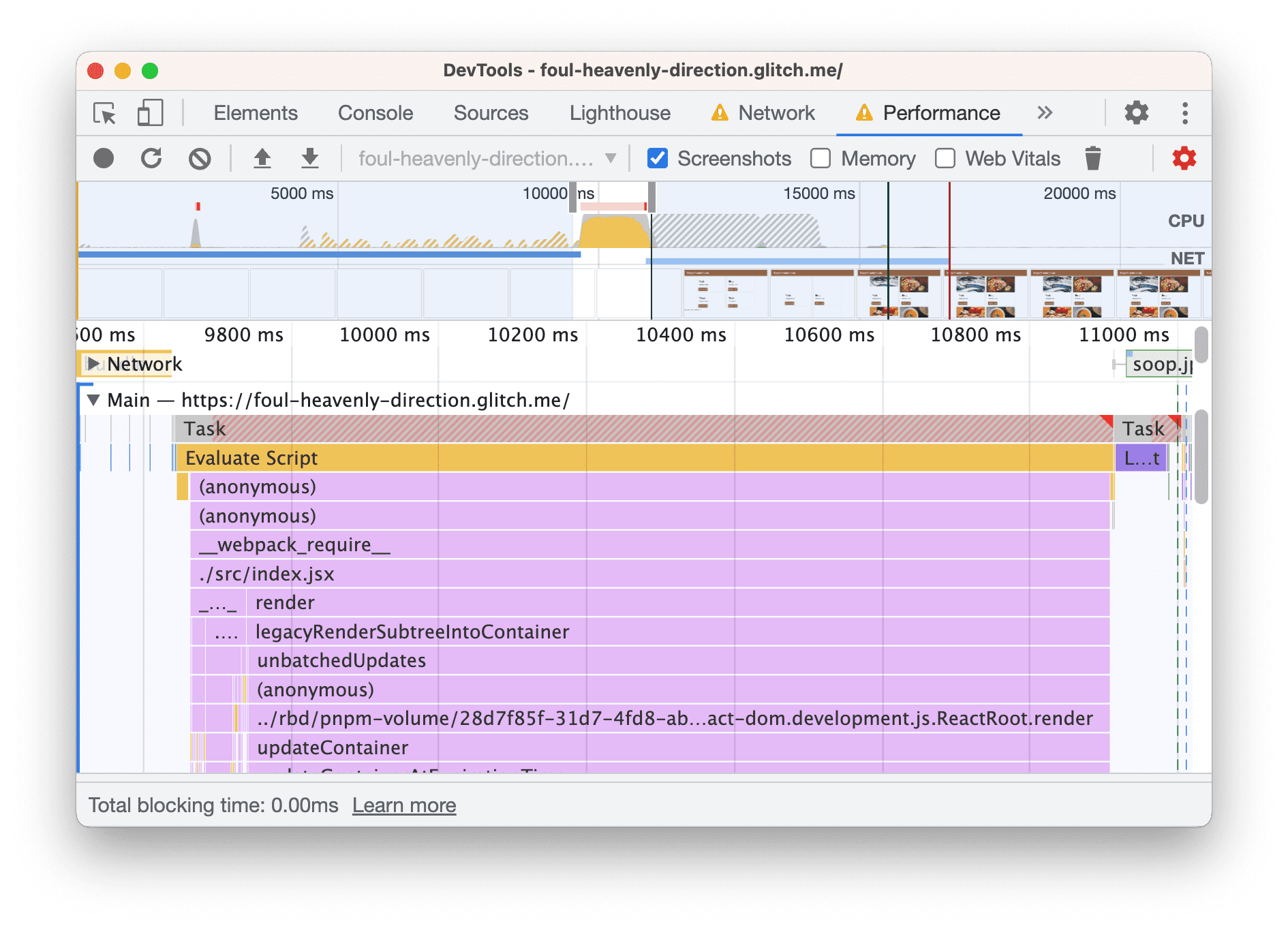 The Performance panel's trace of the page load.