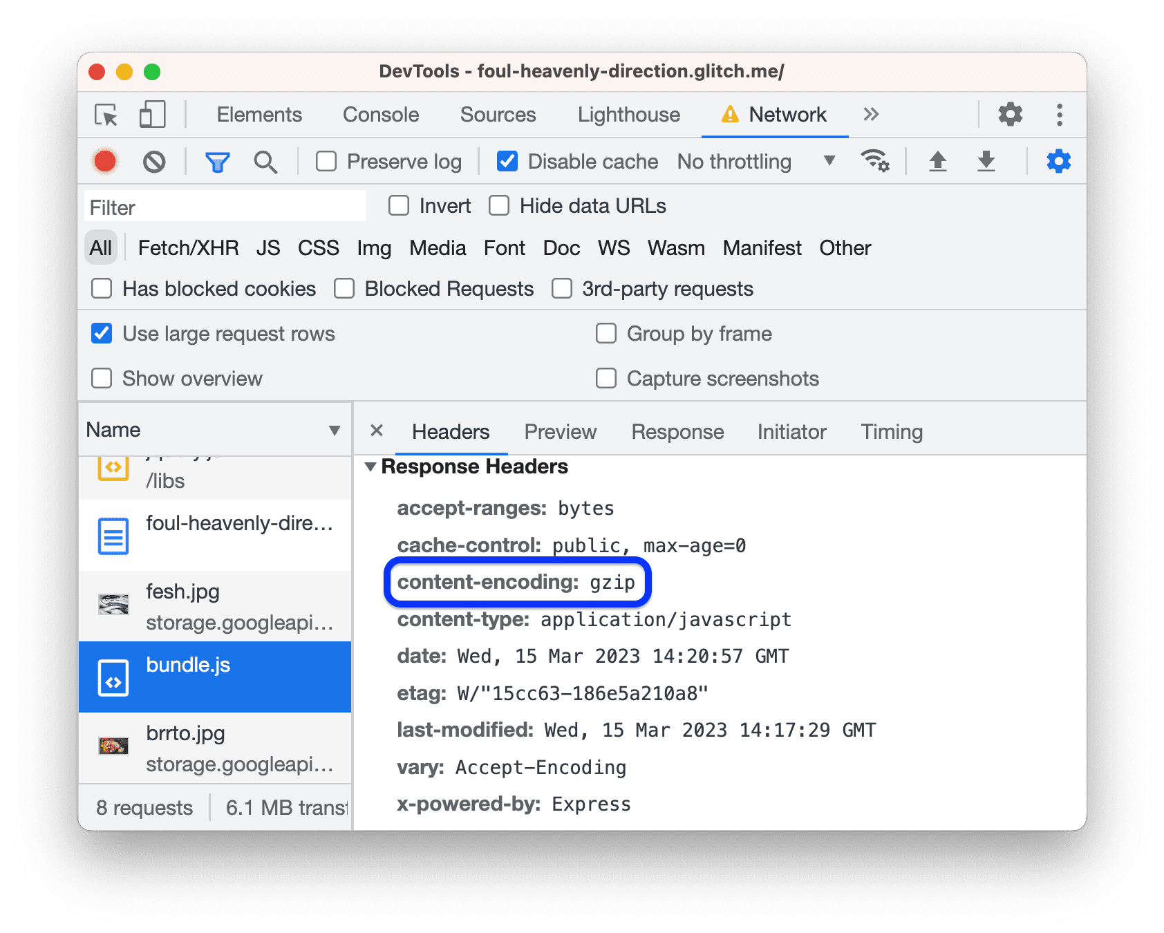 La section &quot;En-têtes de réponse&quot; contient désormais un en-tête &quot;content-encoding&quot;.