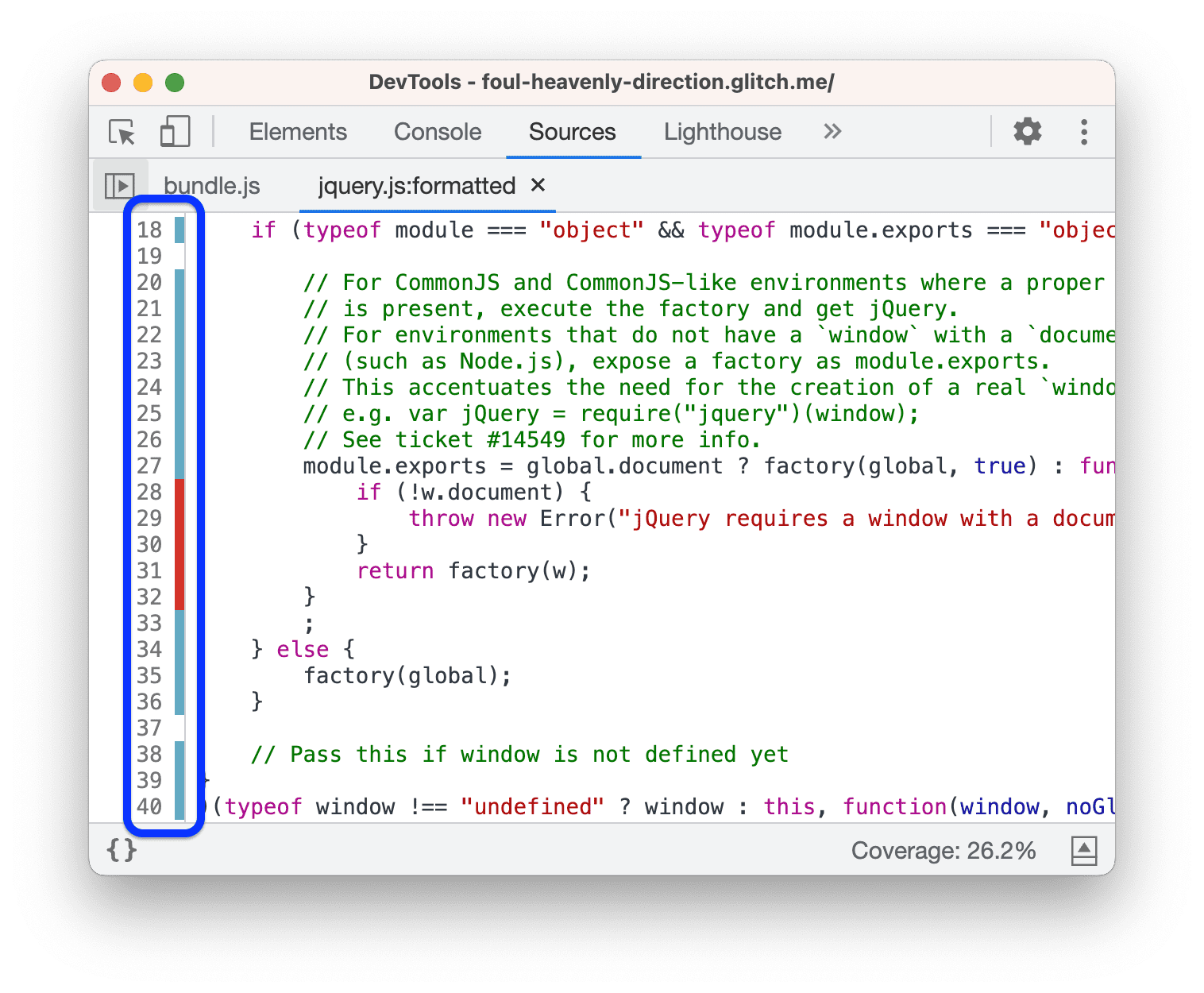 Viewing the jQuery file in the Sources panel.