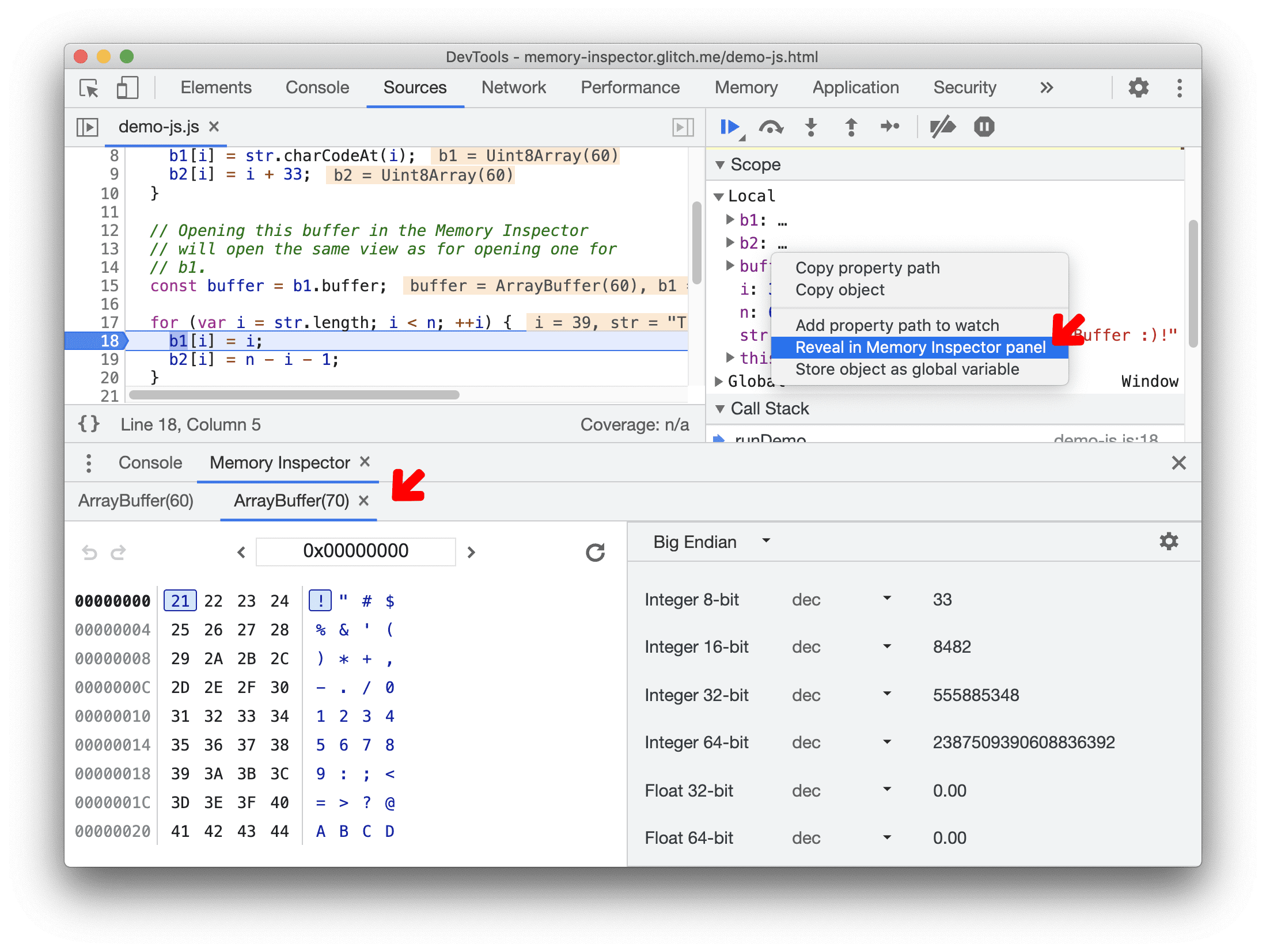 New tab in the Memory inspector