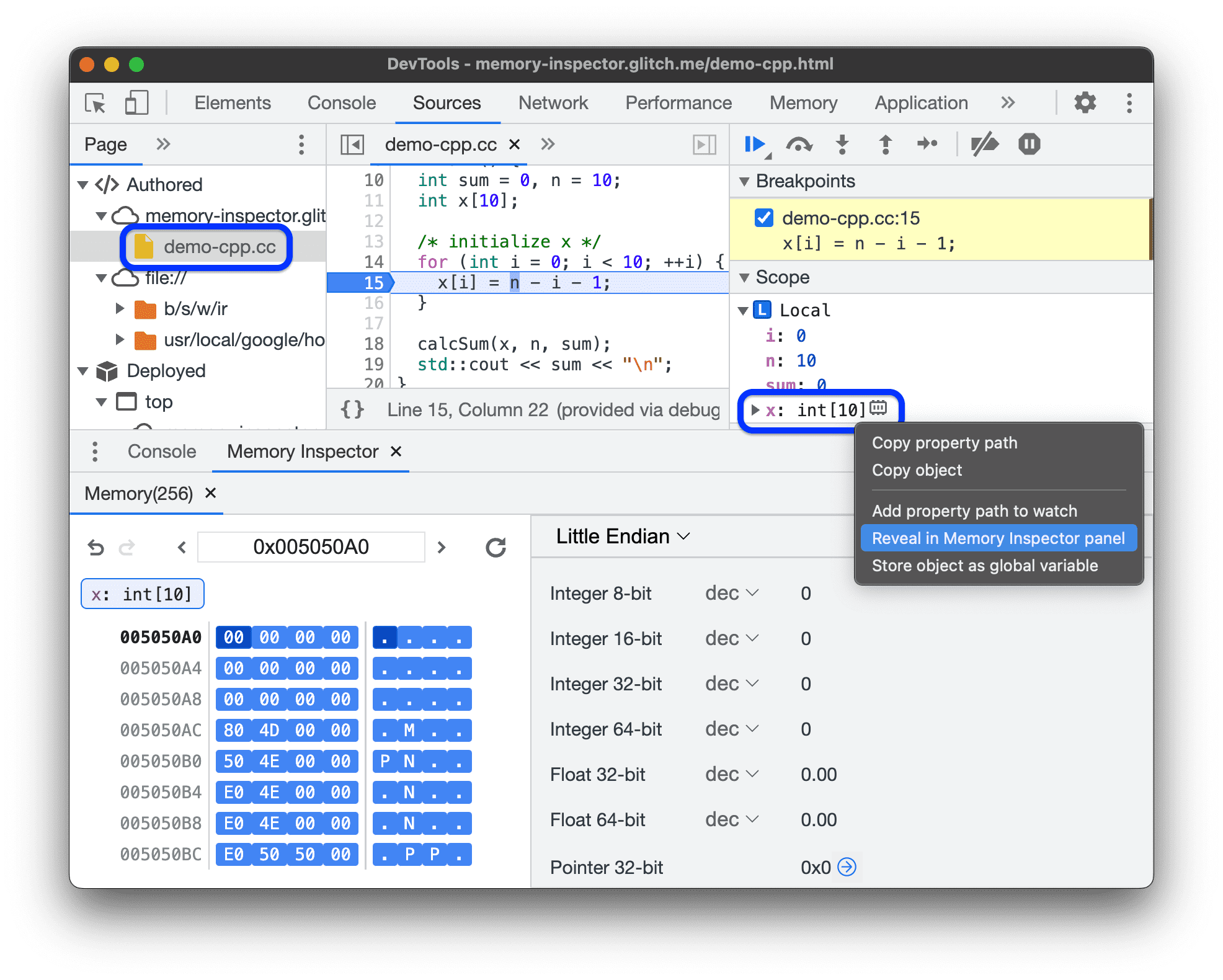 מערך x שנפתח ב-Memory Inspector.