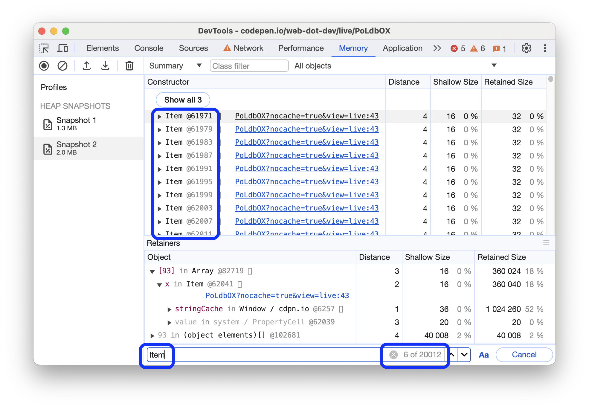 Ein Heap-Snapshot von verstreuten „Item“-Objekten.